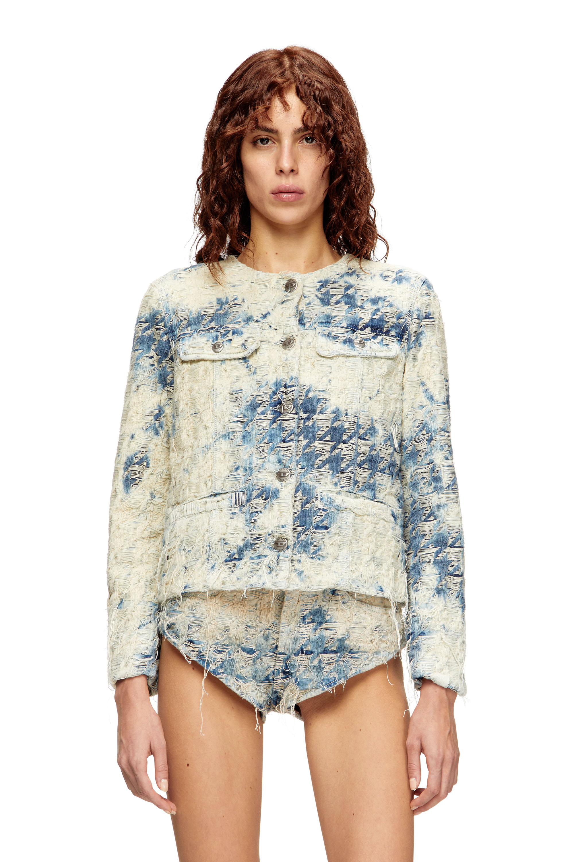 Diesel - DE-GRAFY-FSH, Damen Jacke aus Jeansgewebe mit Hahnentritt-Muster in Blau/Weiss - 1