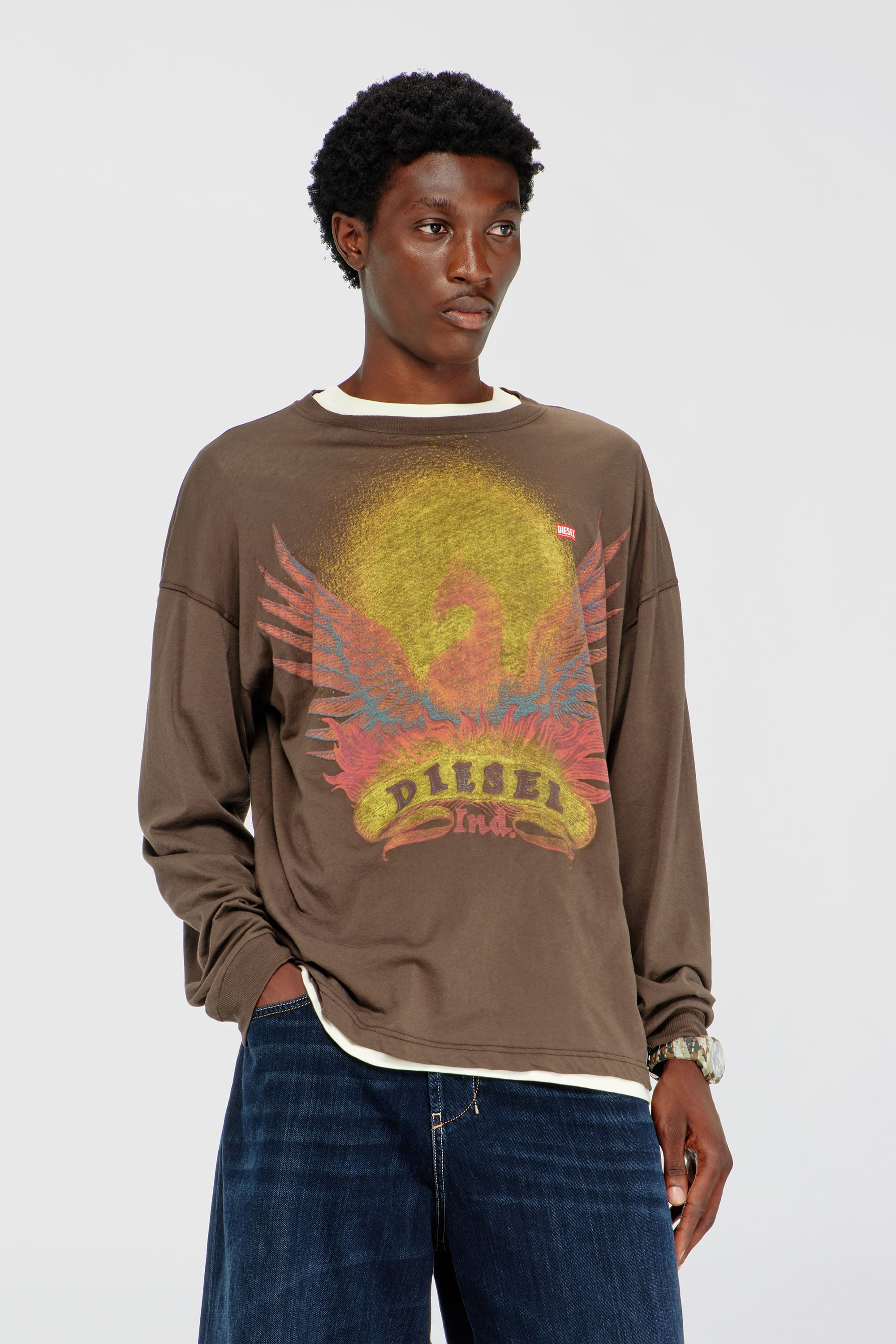 Diesel - T-BOXT-LS-AA1, Herren Langarm-T-Shirt mit Phoenix-Motiv in Braun - 1