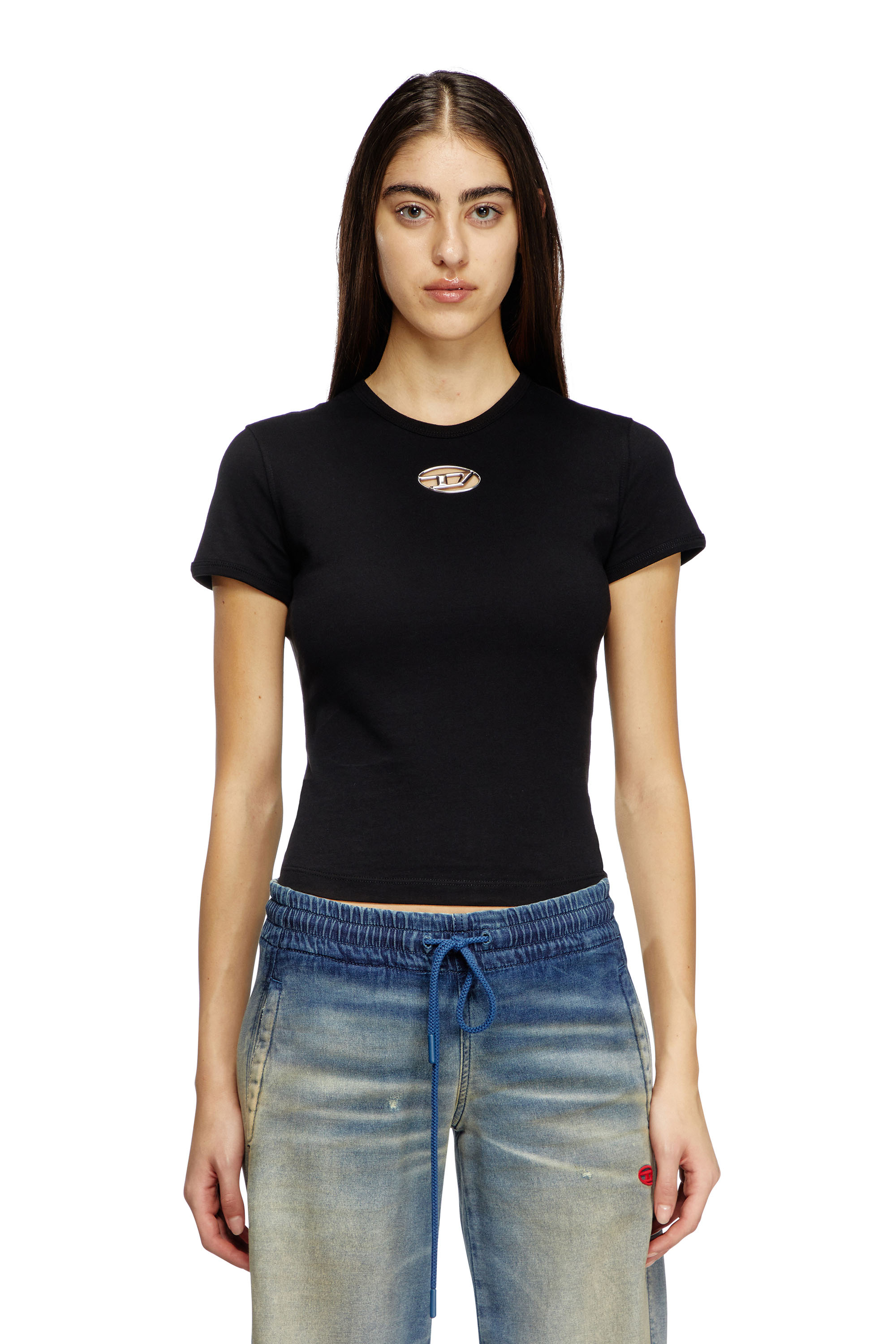 Diesel - T-UNCUTIE-LONG-OD-Q1, Damen T-Shirt in schmalem Fit mit Cut-out-Oval D in Schwarz - 1