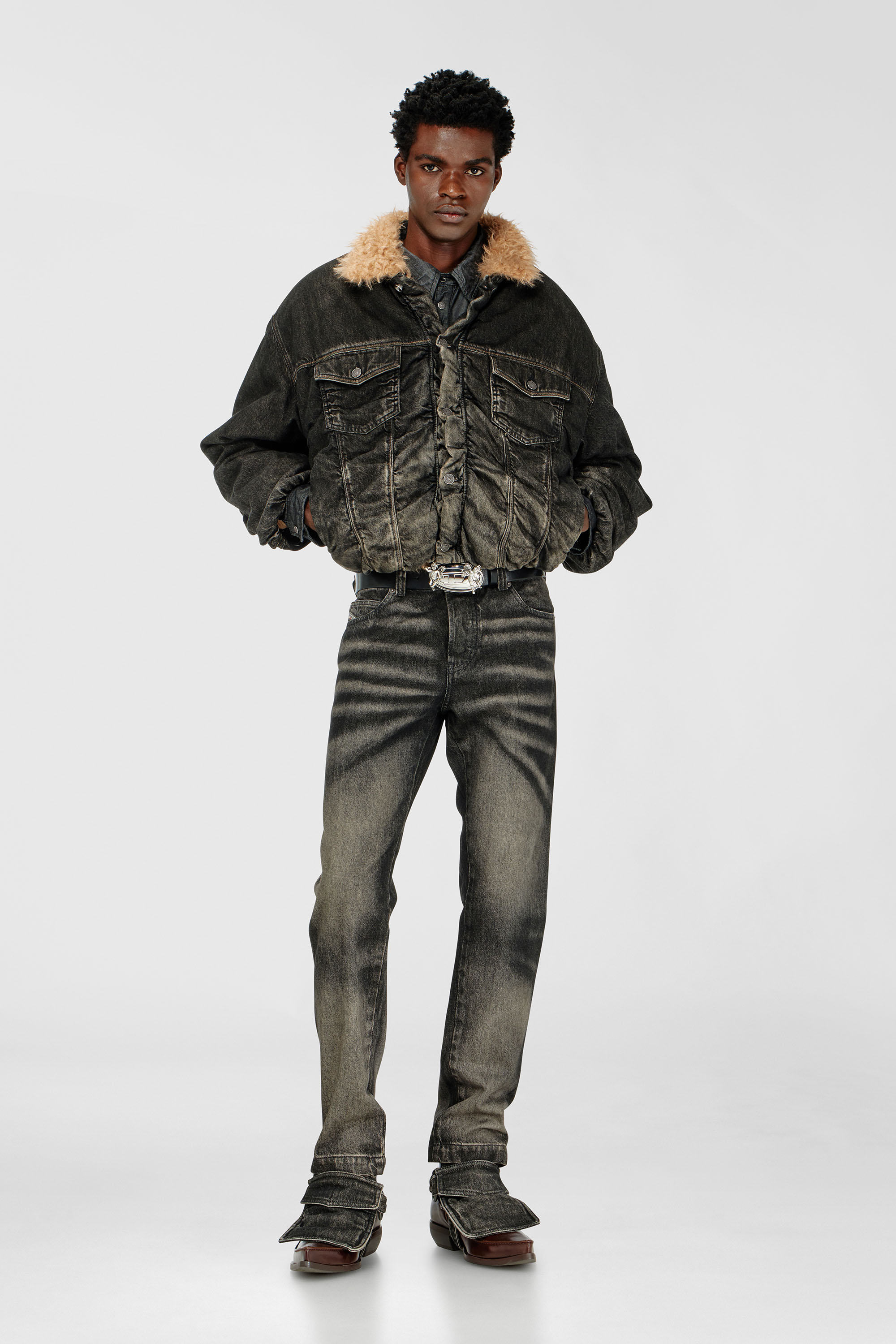 Diesel - D-CURLY-FSJ, Unisex Truckerjacke mit Teddyfutter aus Denim mit Used-Effekt in Schwarz - 2