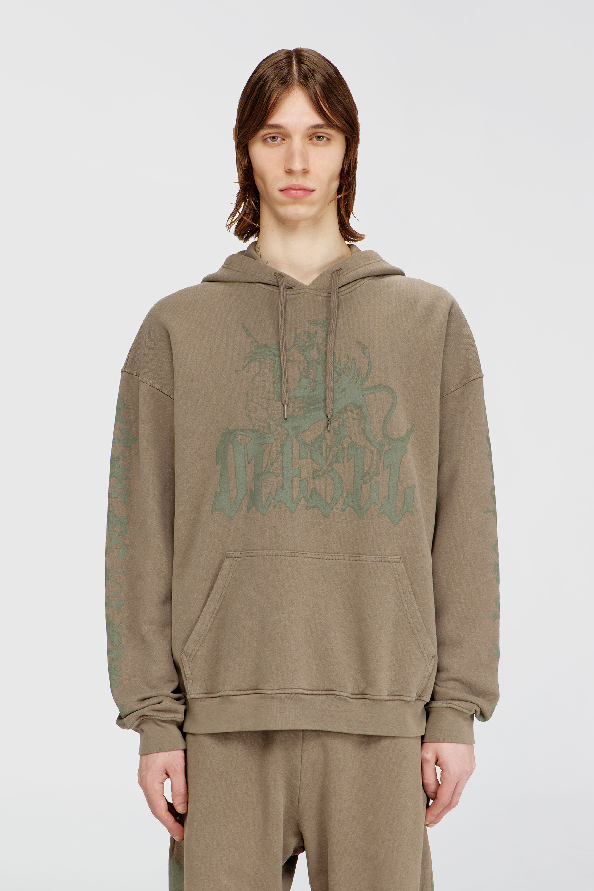 Diesel - S-GRIFFON, Hoodie trattato con stampa grifone Uomo in Marrone - 3