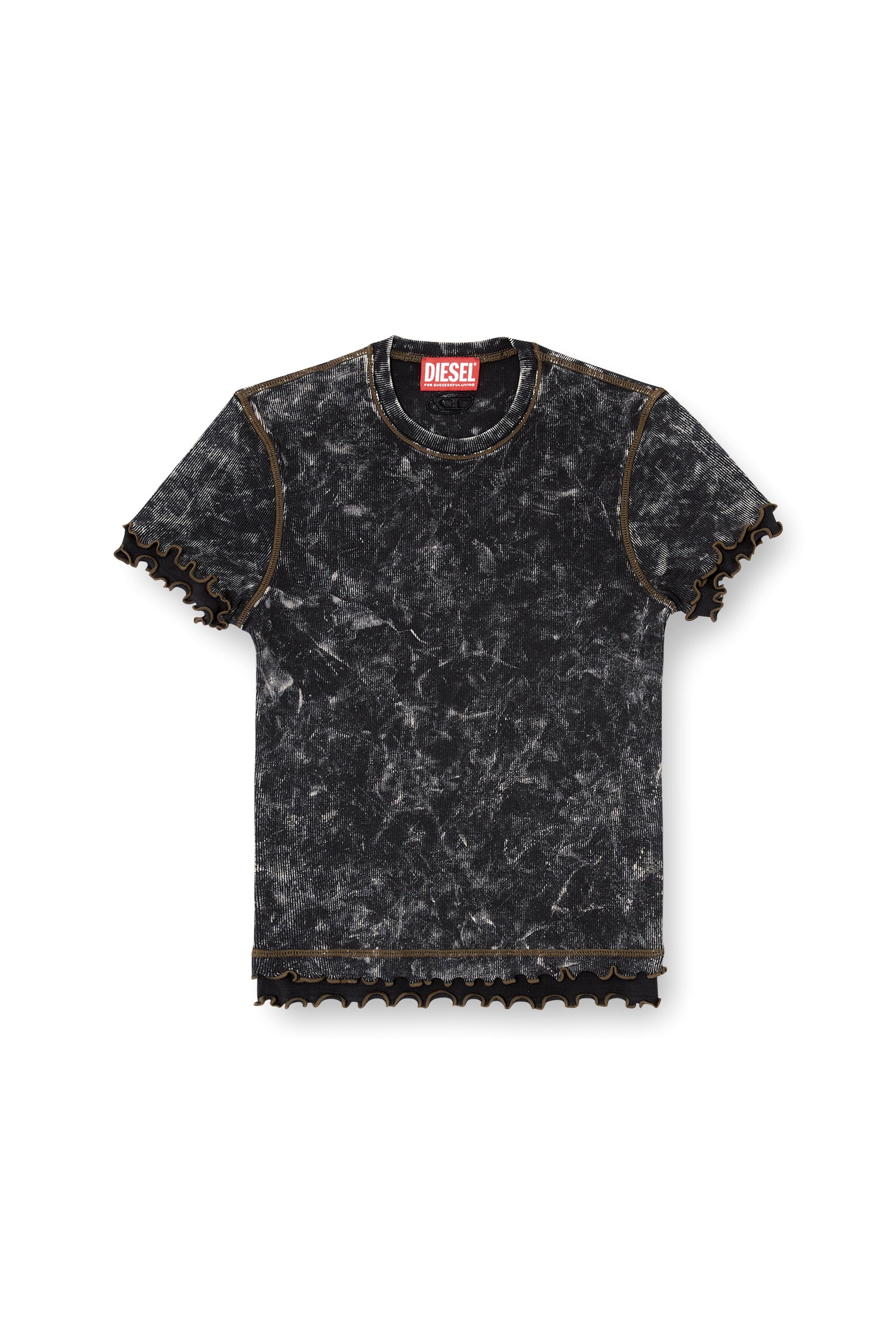 Diesel - T-FLU, T-shirt effetto marble con balze Donna in Nero - 4