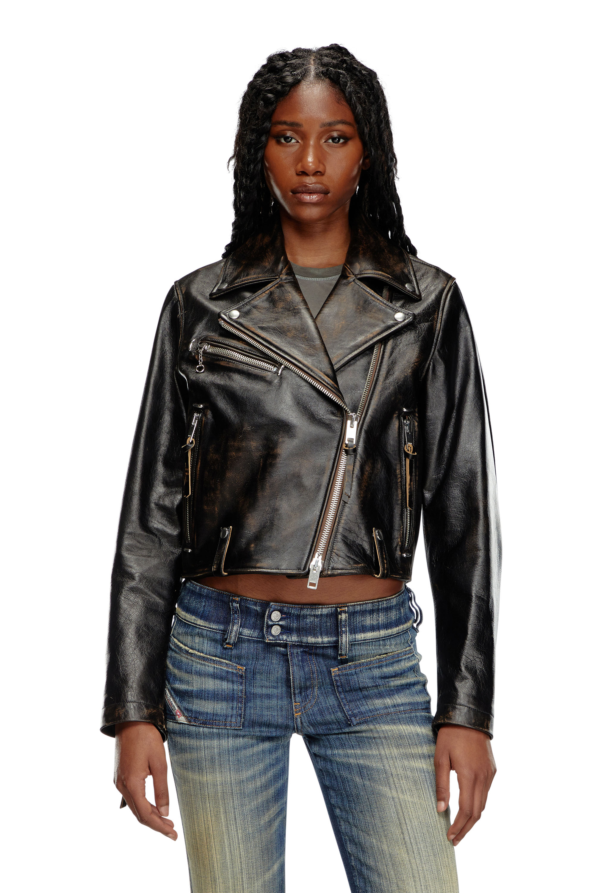 Diesel - L-EDMEA-CL, Woman Biker jacket in treated leather in Black - Image 1