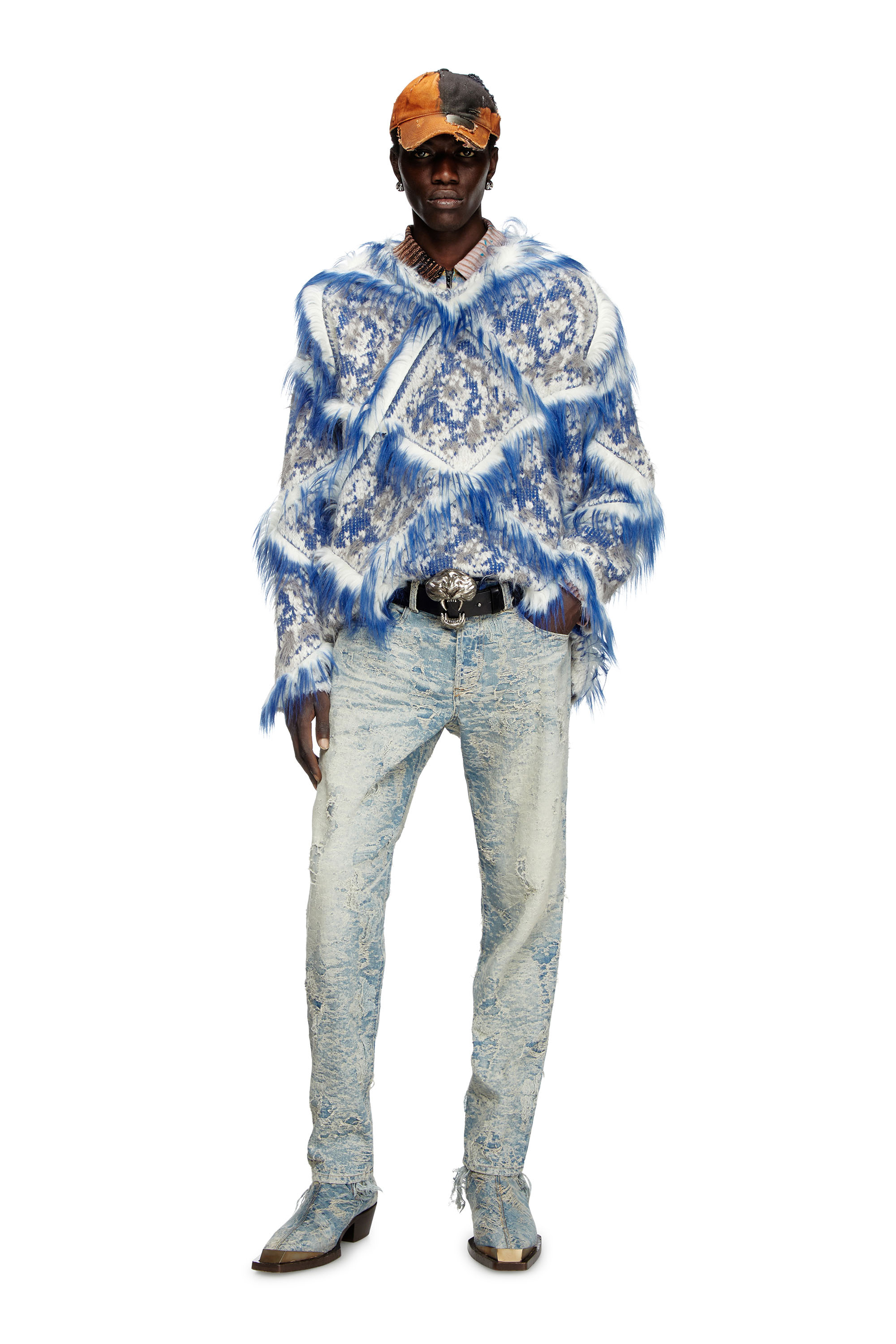 Diesel - K-OTELLO, Maglia a rombi con bordi fuzzy Uomo in Blu - 2