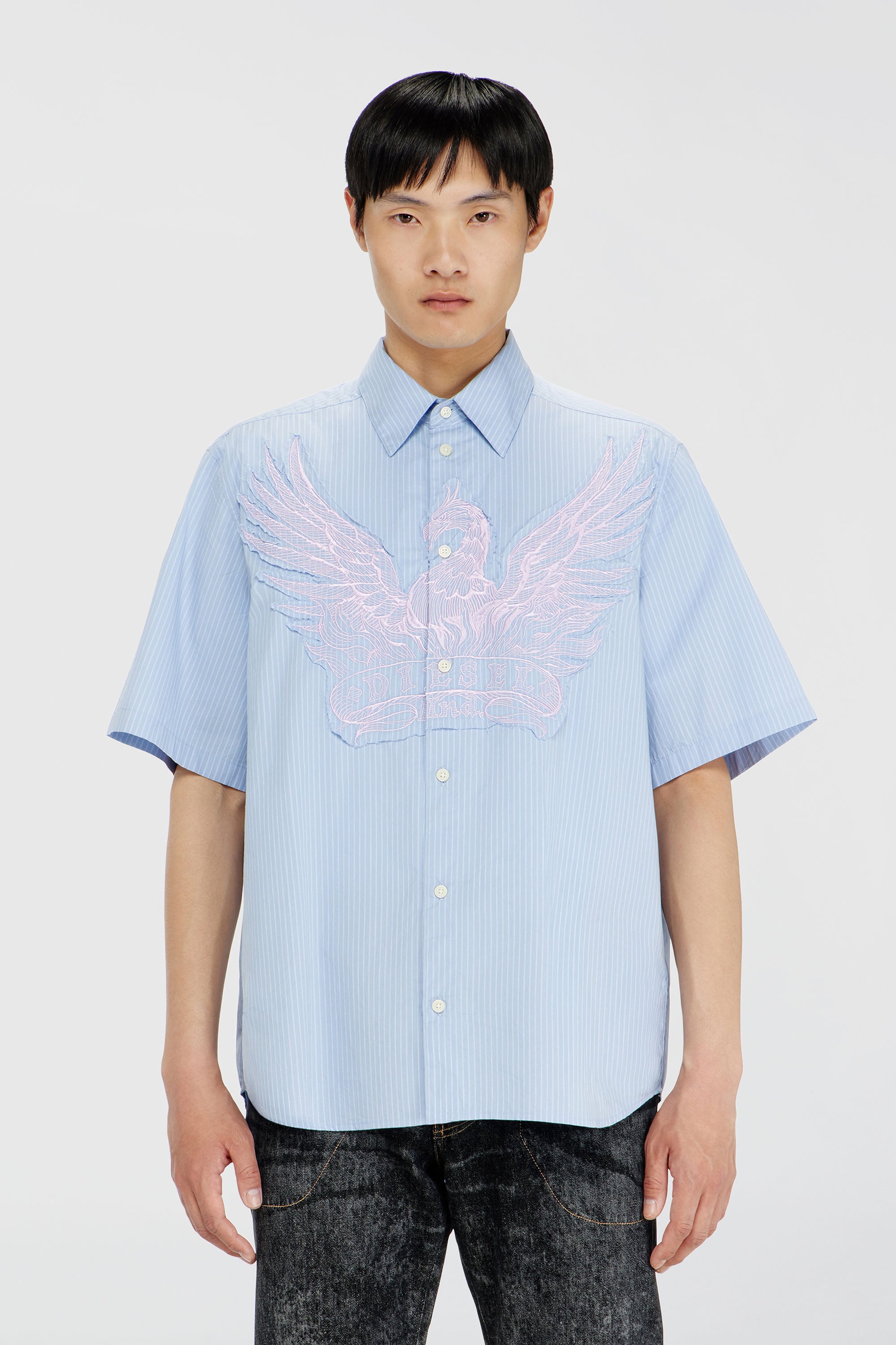Diesel - S-SIMPLY-SS-AGCZ, Camicia in popeline a righe con patch ricamato Uomo in Blu - 1