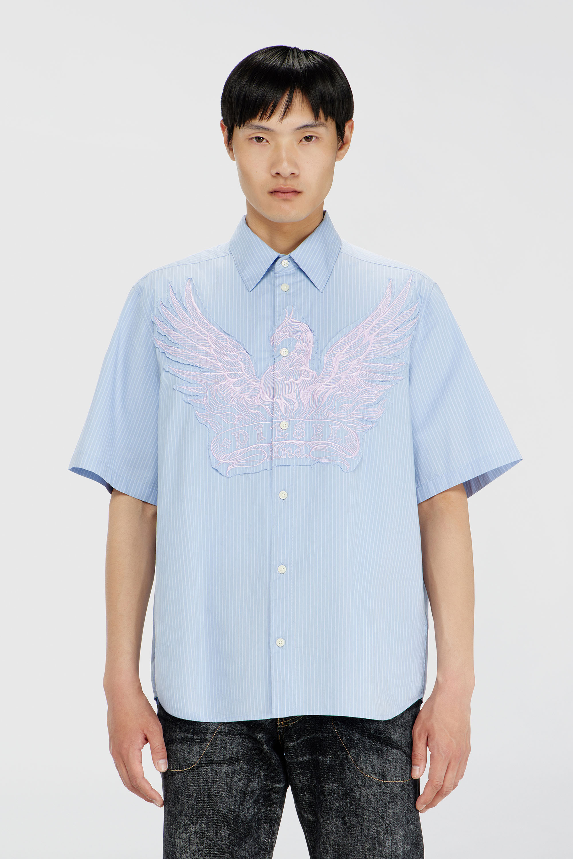 Diesel - S-SIMPLY-SS-AGCZ, Camicia in popeline a righe con patch ricamato Uomo in Blu - 3