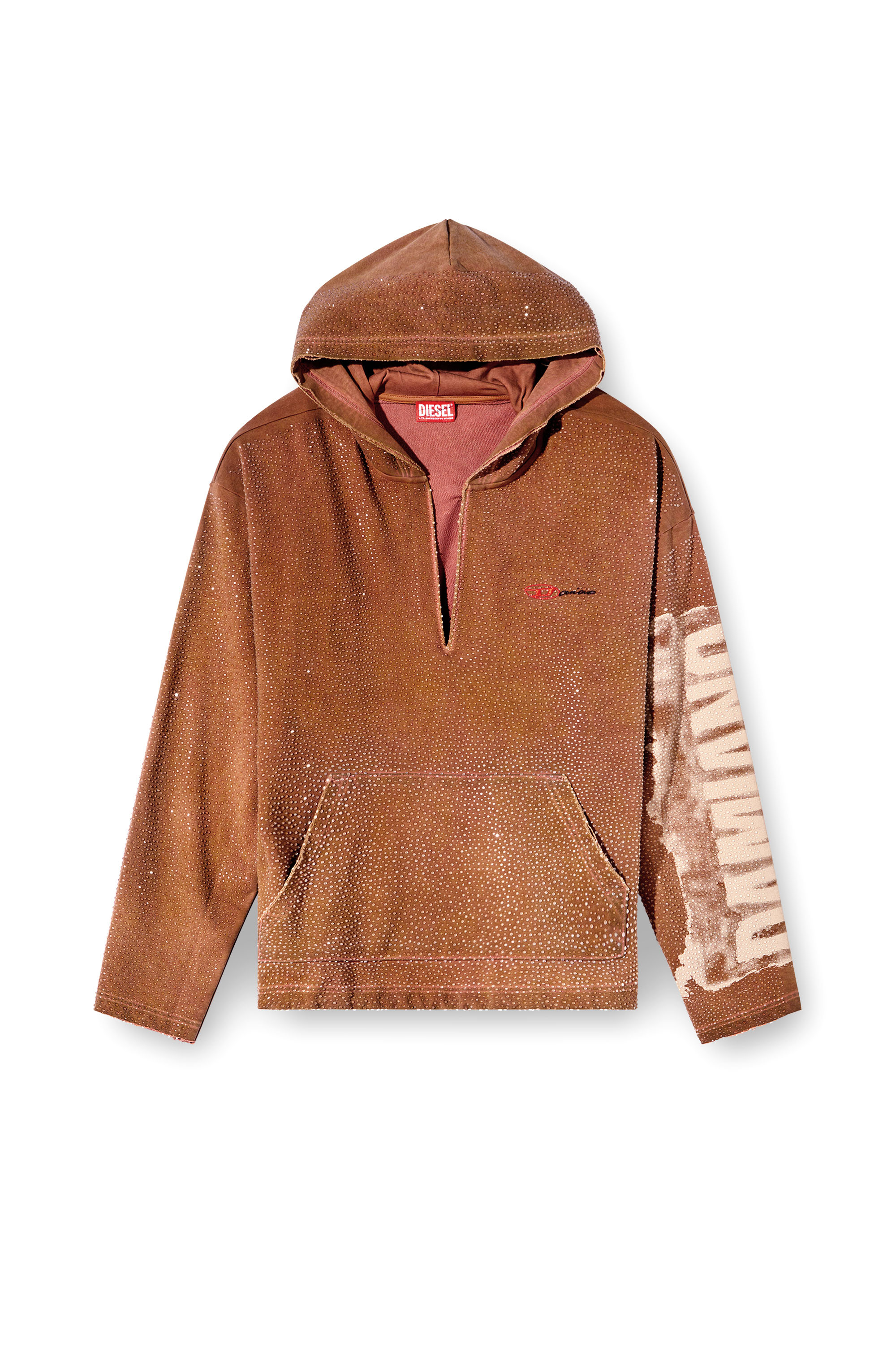 Diesel - S-BOXT-HOOD-LUX-DD, Sweat-shirt à capuche avec décolleté V traité et cristaux Mixte in Marron - 3