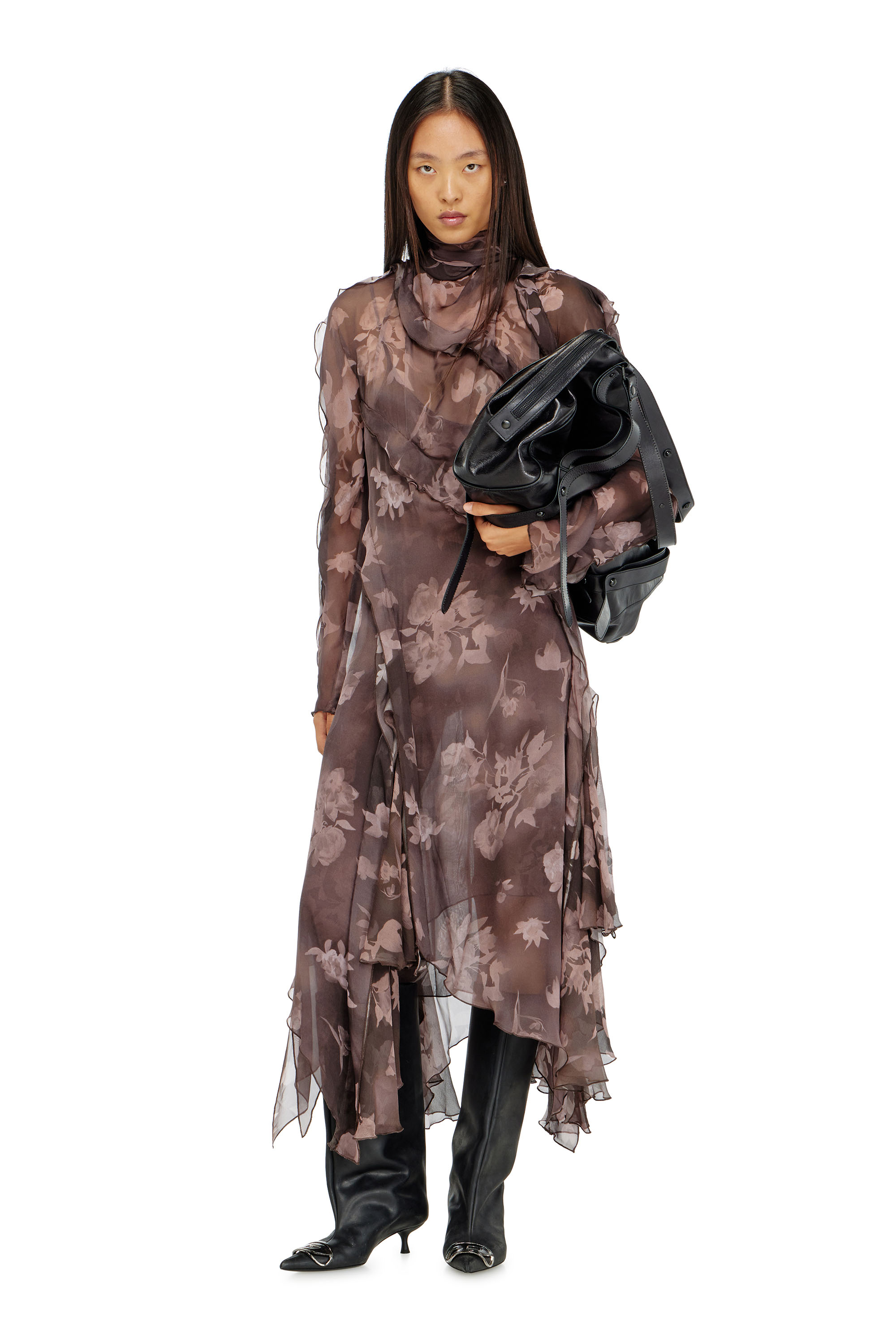 Diesel - D-RIADI, Robe midi asym&eacute;trique en chiffon et cr&ecirc;pe de soie Femme in Marron - 2