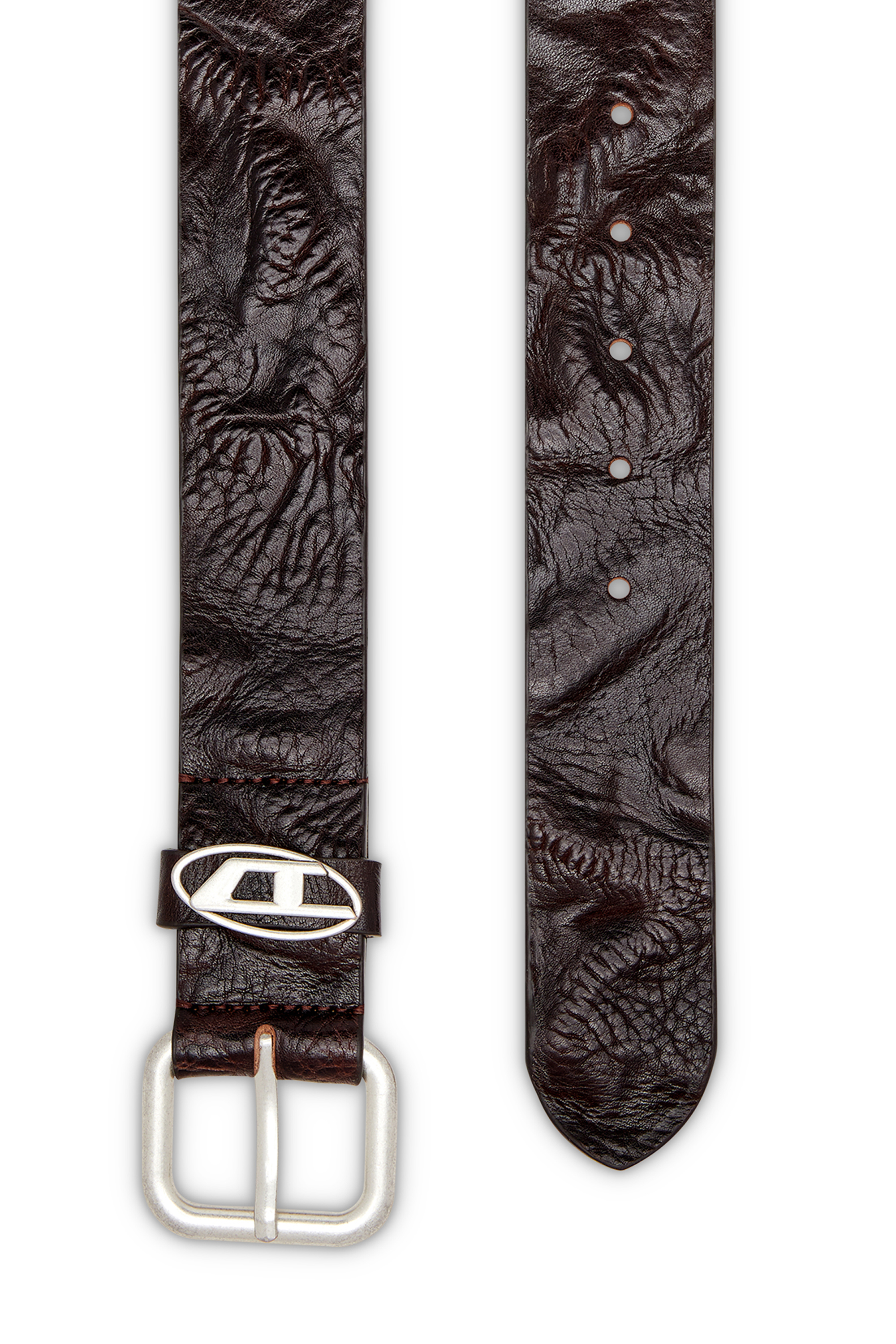 Diesel - B-1DR OVAL D LOOP, Ceinture en cuir froissé avec plaque à logo Mixte in Marron - 2