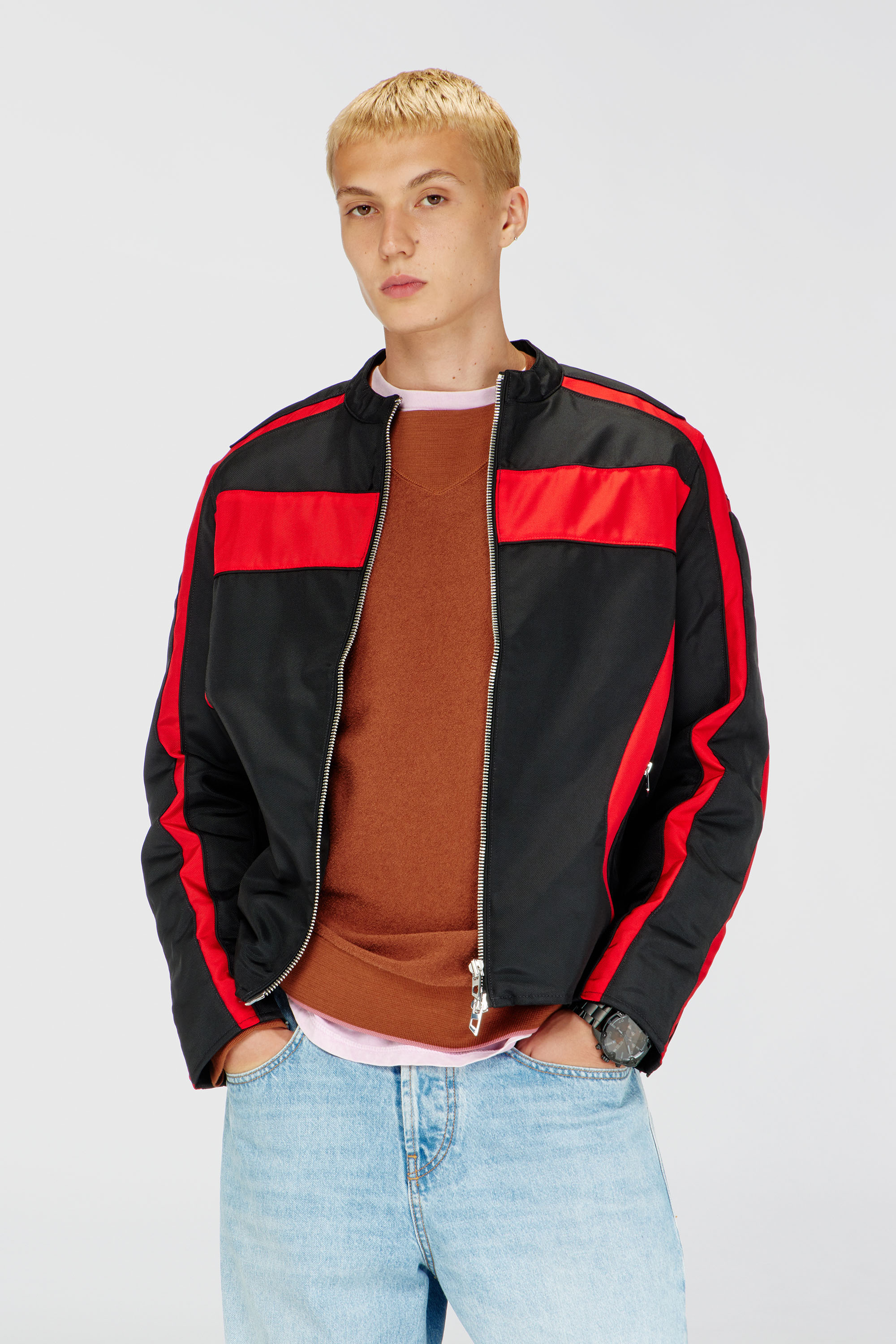 Diesel - J-ADAM-PDAI, Man's Biker jacket in colour-block canvas in Black/Red - 1