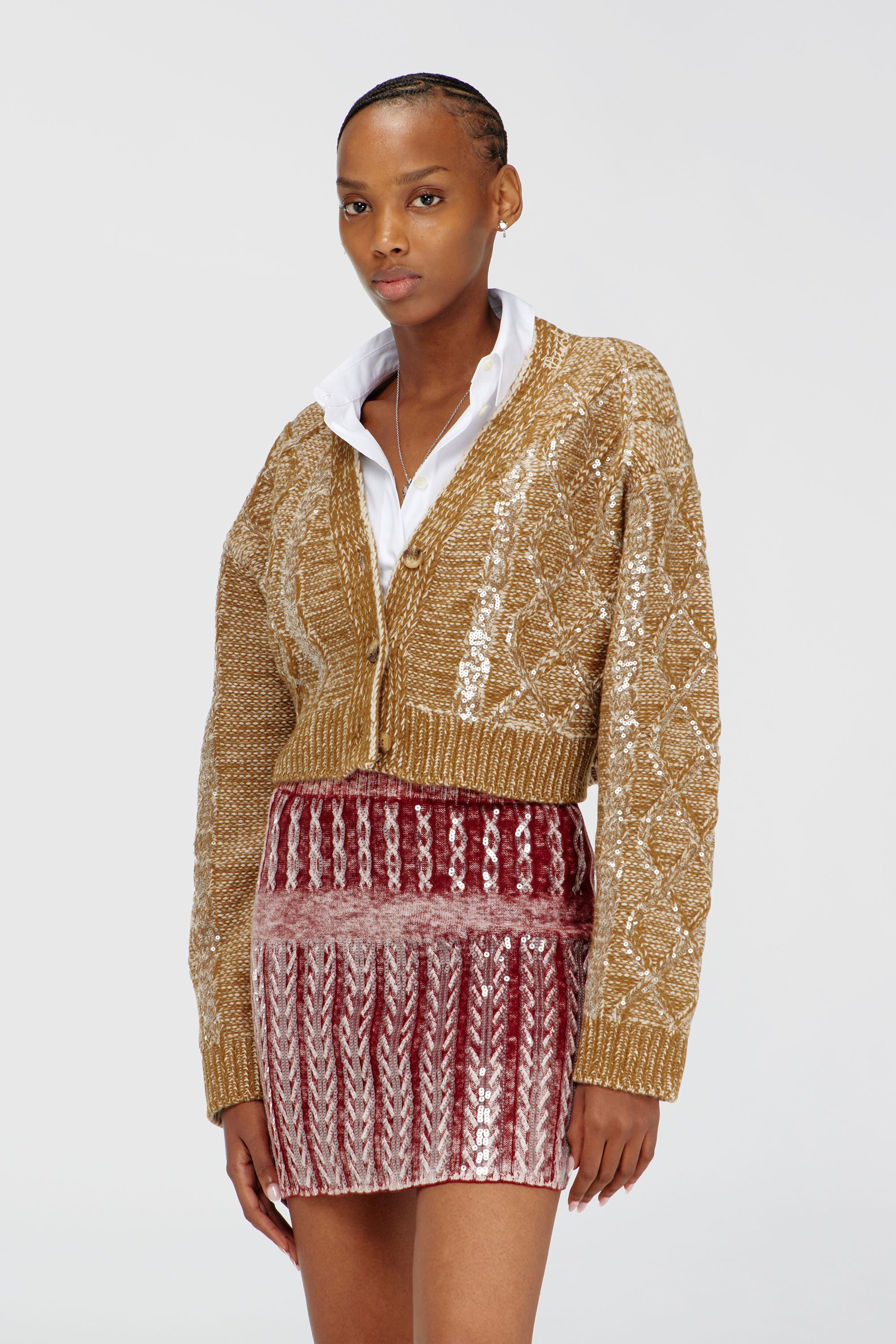 Diesel - M-BRAKY, Cardigan en laine torsad&eacute;e avec sequins Femme in Dor&eacute; - 1