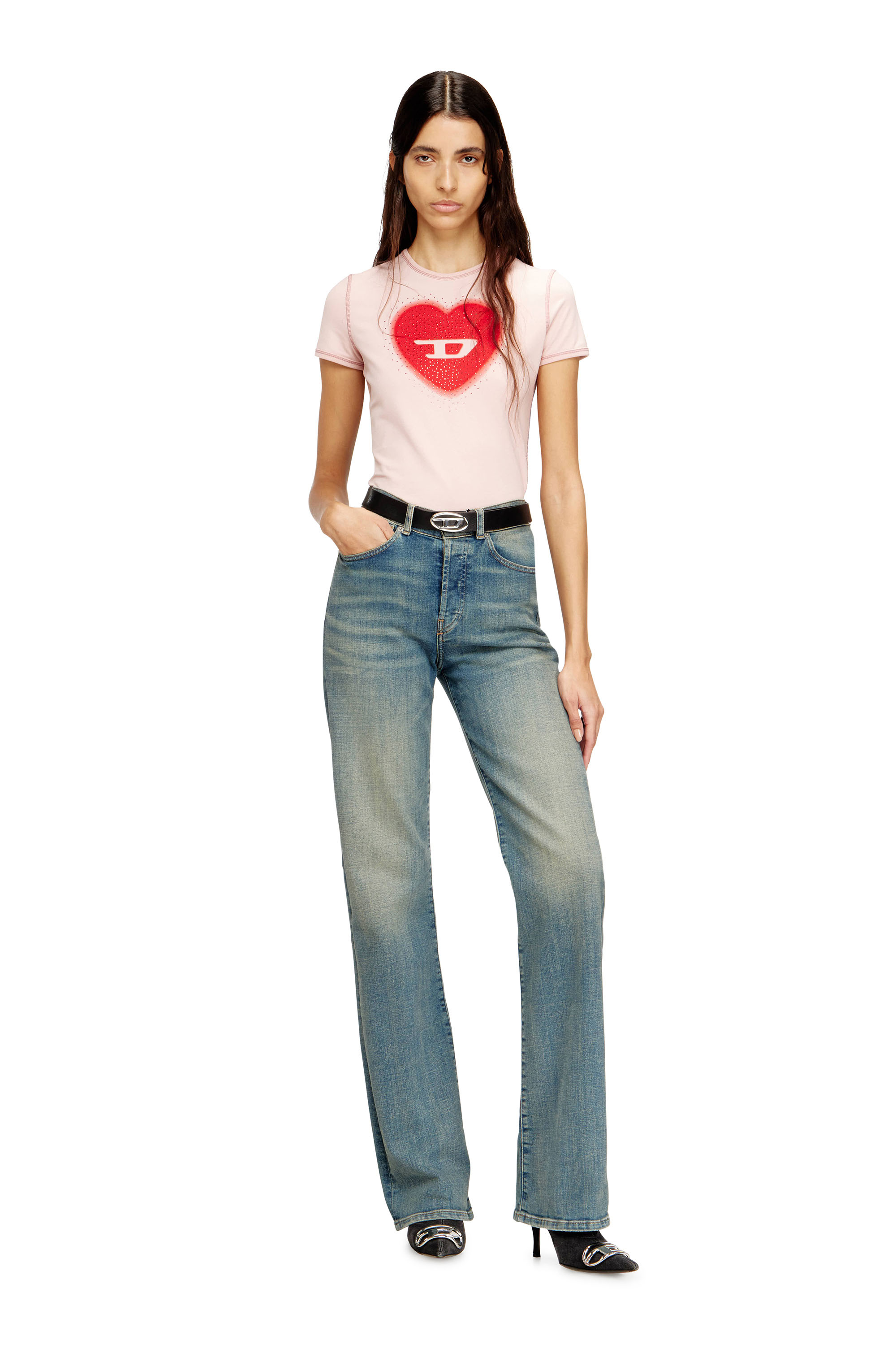 Diesel - T-UNCUTIES-LONG-S5, T-shirt slim con stampa a cuore e borchie Donna in Rosa - 1