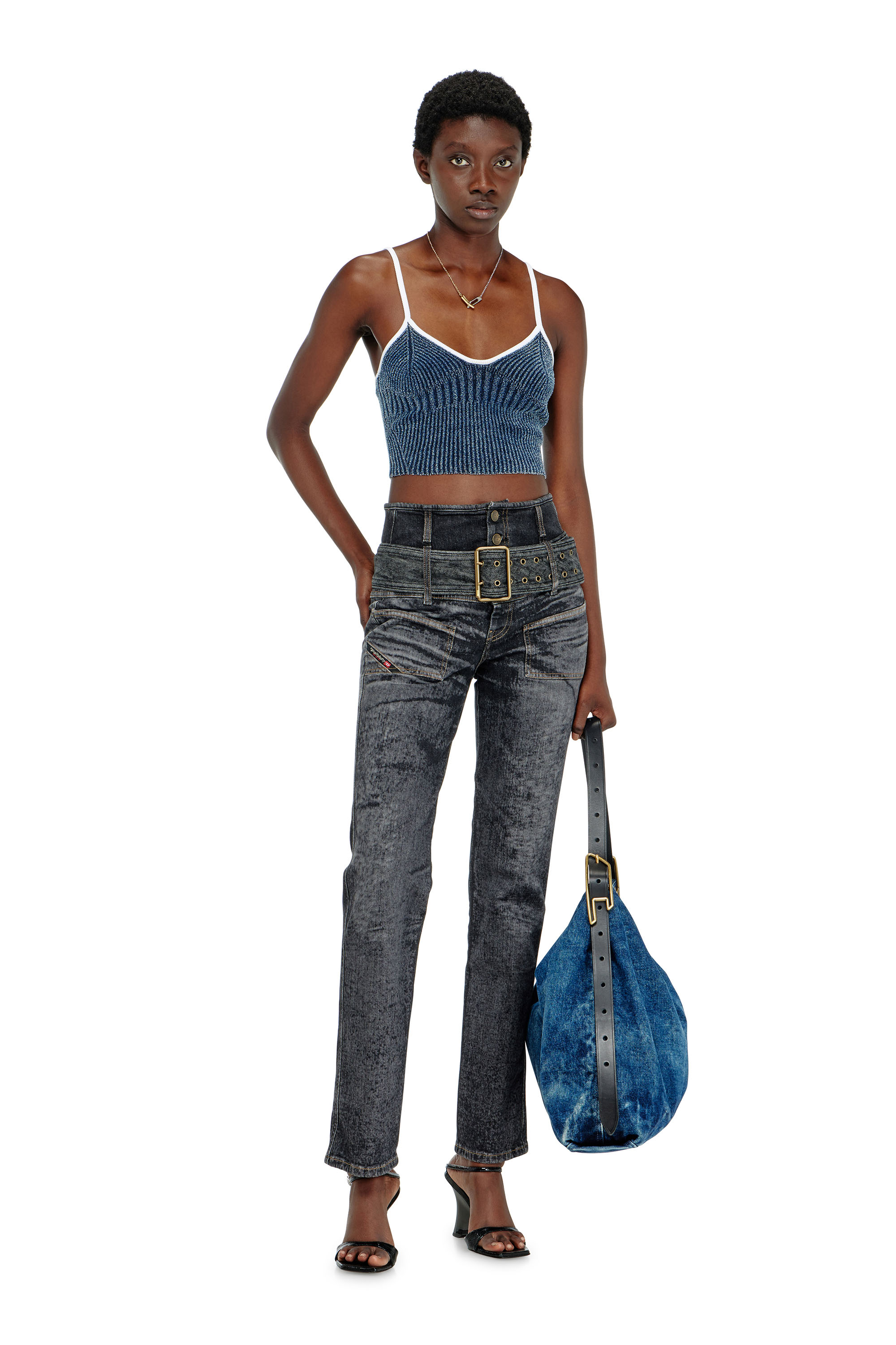 Diesel - M-ESTERE, Crop top en maille c&ocirc;tel&eacute;e indigo boucl&eacute; Femme in Polychrome - 2
