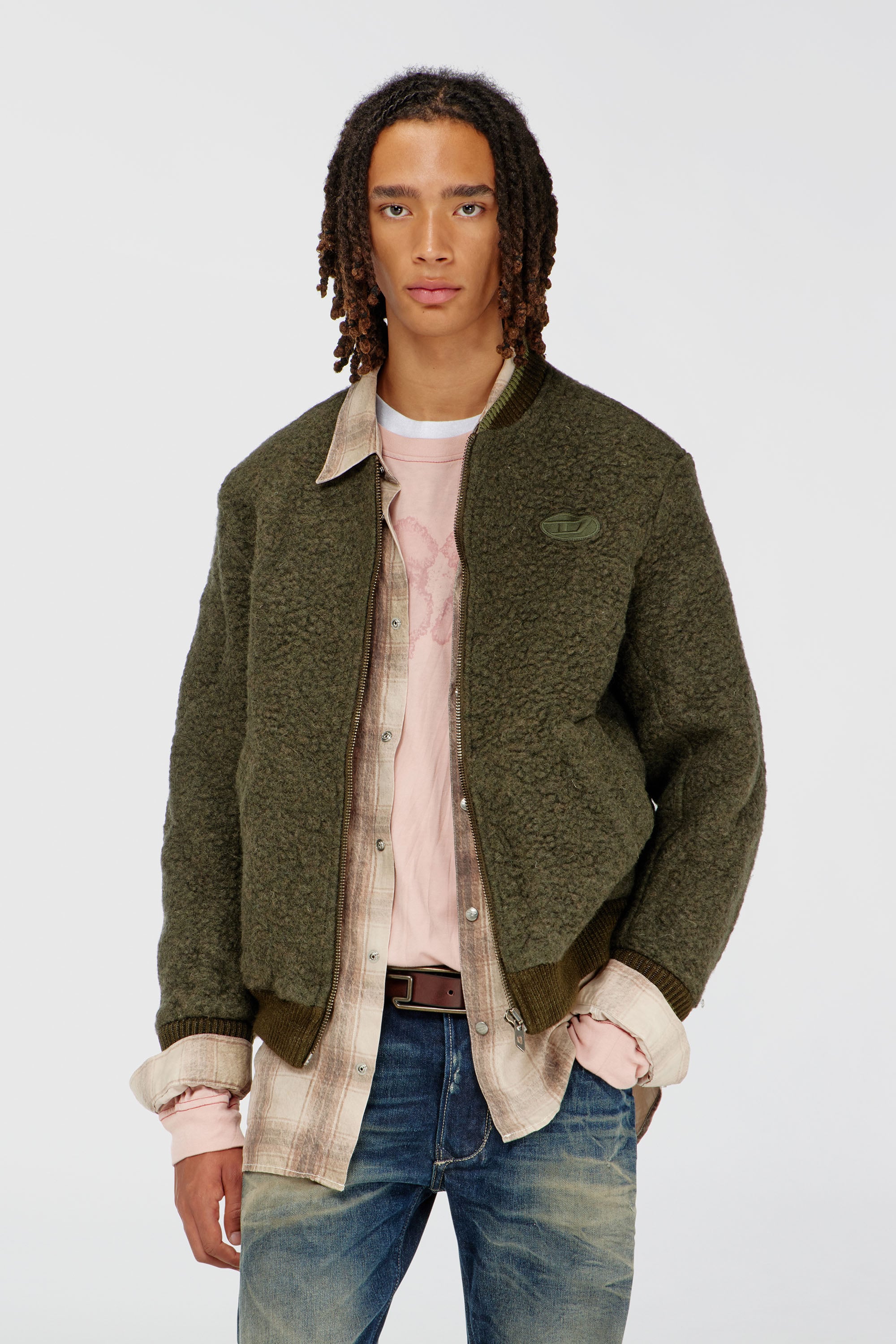 Diesel - S-REDS, Man's Whool mix bomber jacket with ribbed trims in Dark Green - 1