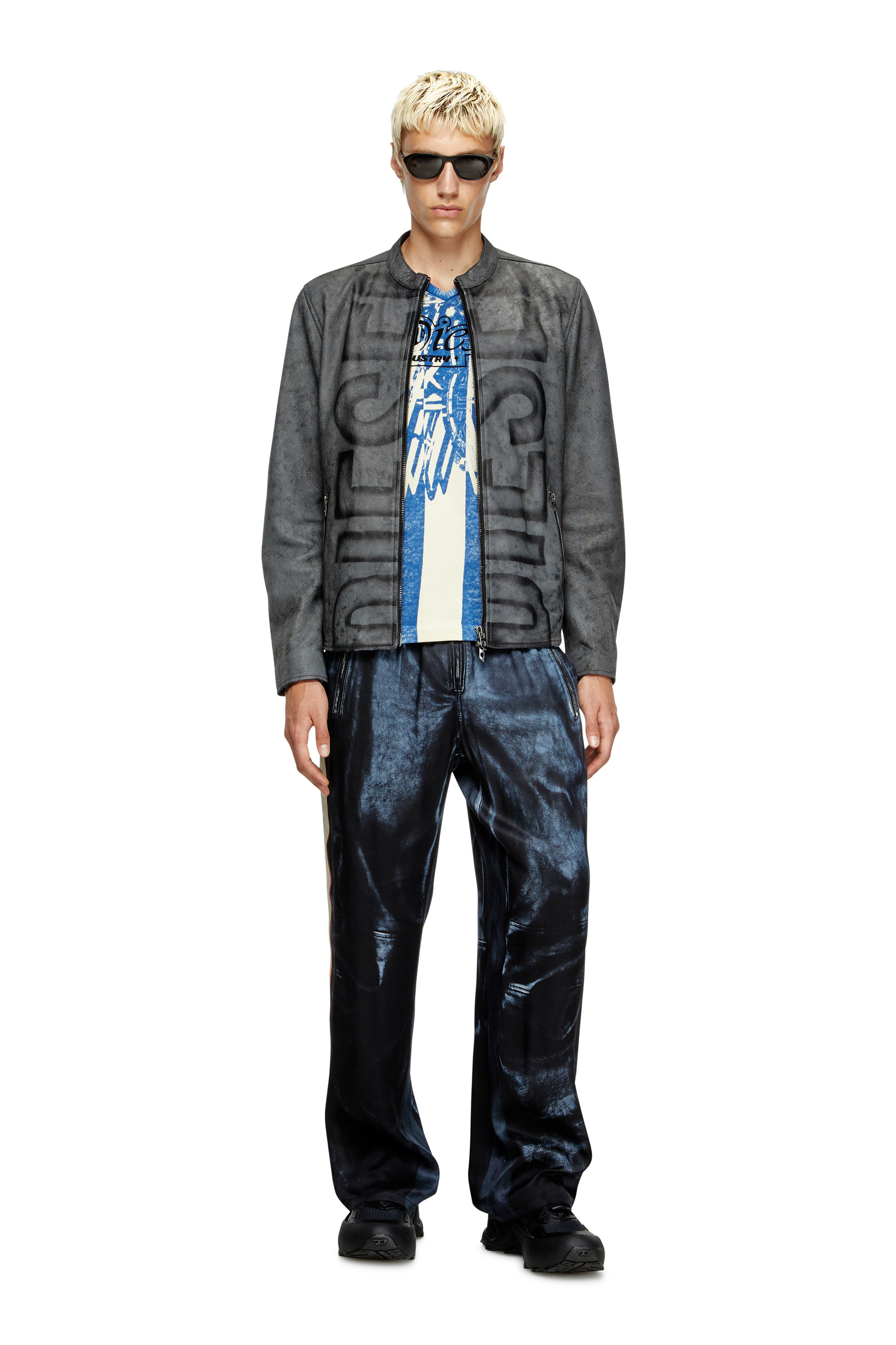 Diesel - L-EVERT-A, Giacca biker in pelle trattata con logo Uomo in Grigio - 1