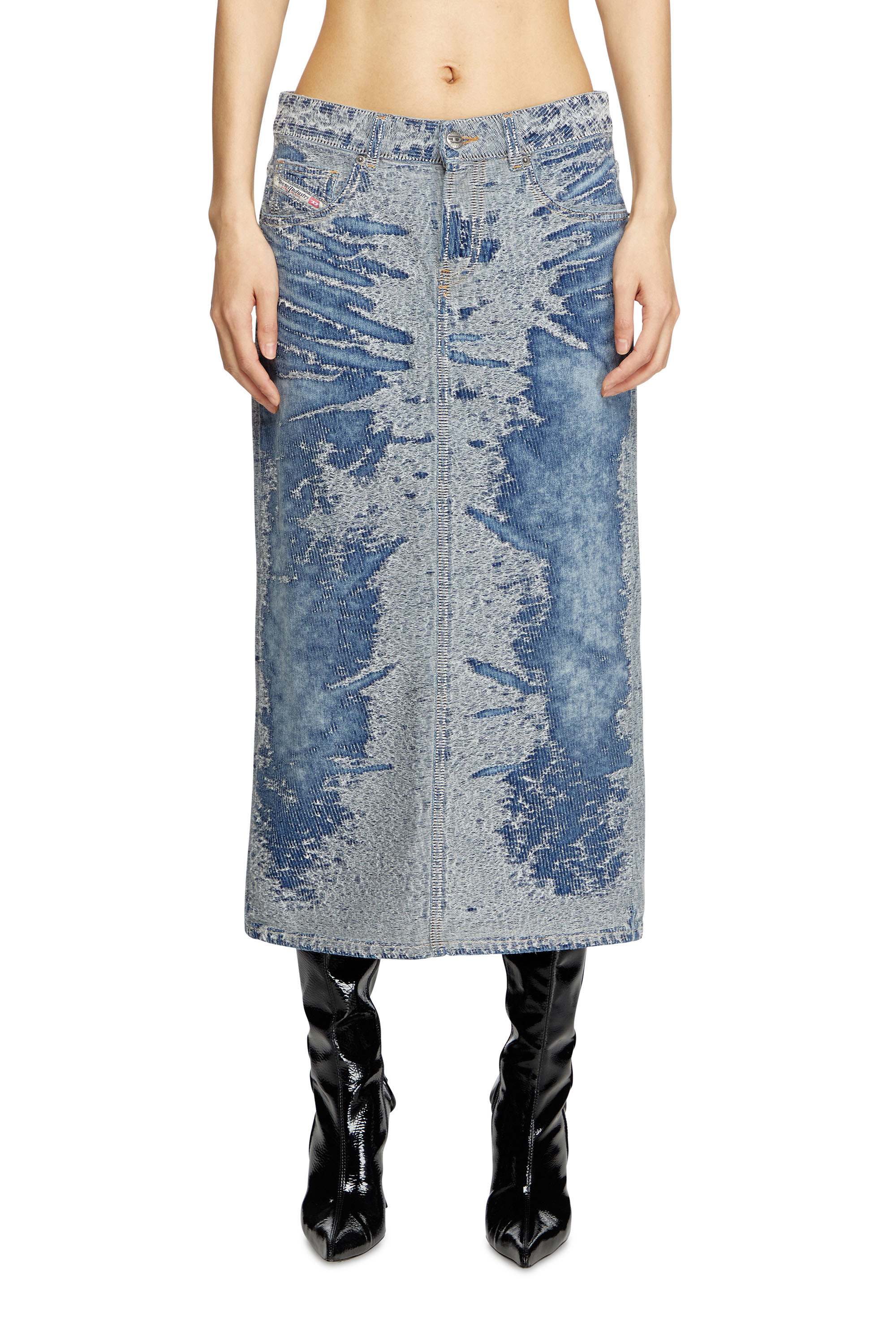 Diesel - DE-SKYE-S, Jupe midi en denim jacquard effet vieilli Femme in Bleu - 1