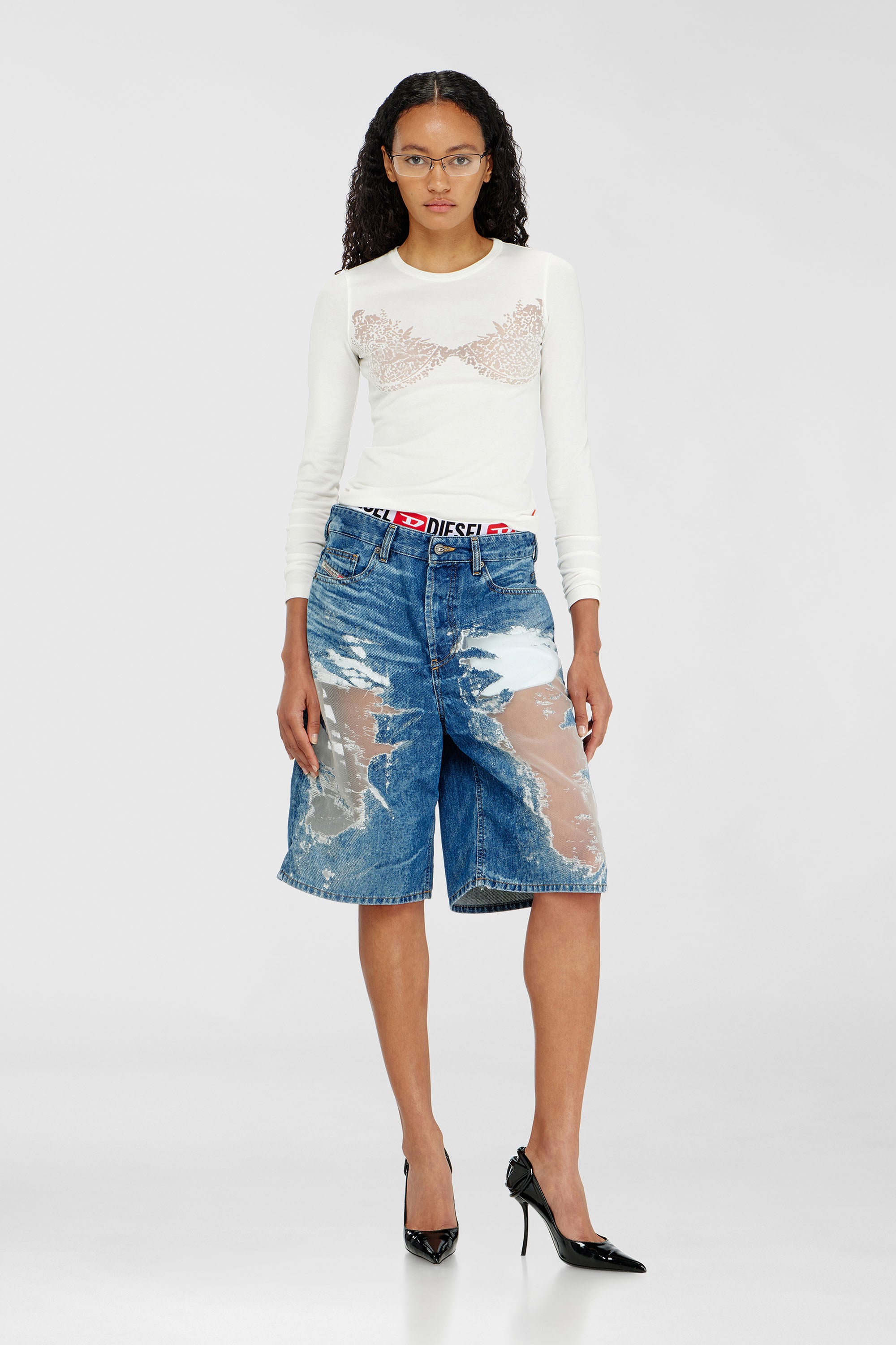 Diesel - PR-DE-SIRE-SHORT, Unisex Shorts aus devor&eacute;-denim in Mittelblau - 1