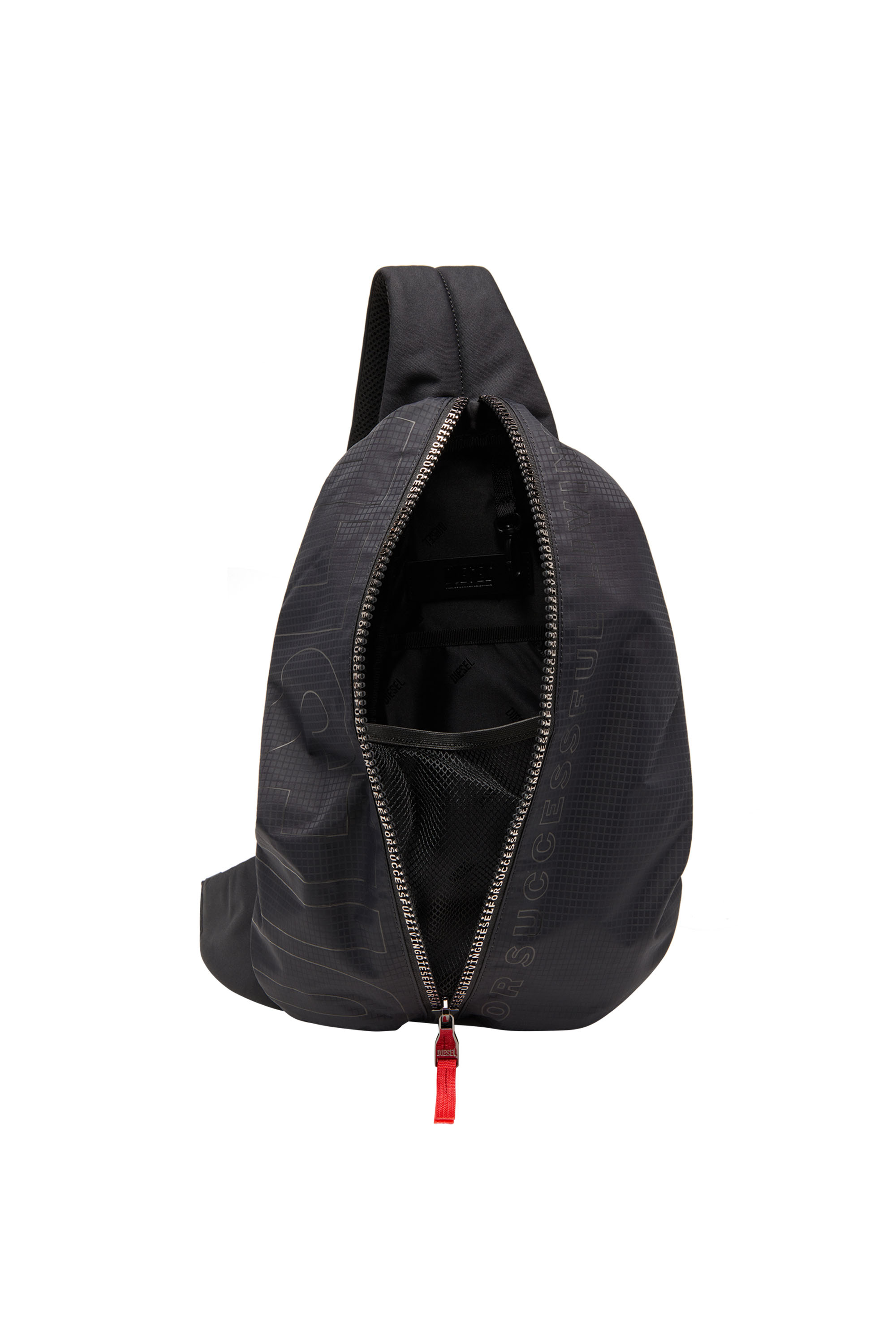 Diesel - ZIP-D SLING BAG X, Man Sling backpack in check-jacquard shell in Black - Image 4