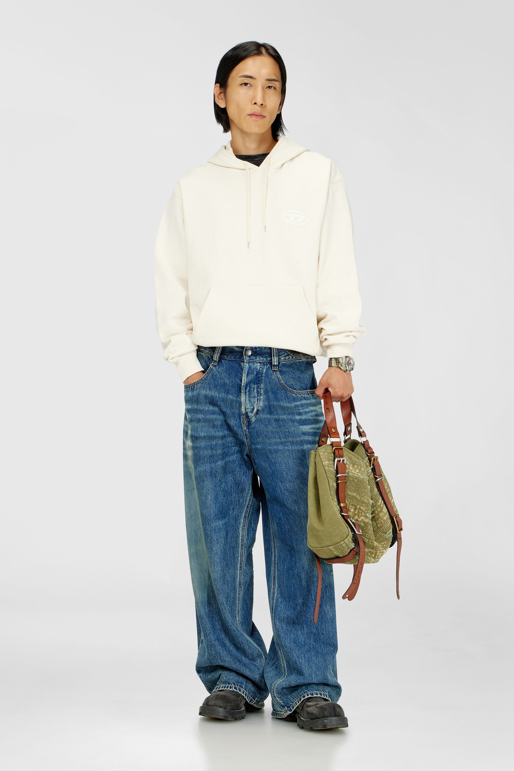Diesel - S-LUK-H-T92, Sweat &agrave; capuche en coton avec broderie logo Oval D ton sur ton Homme in Blanc - 2