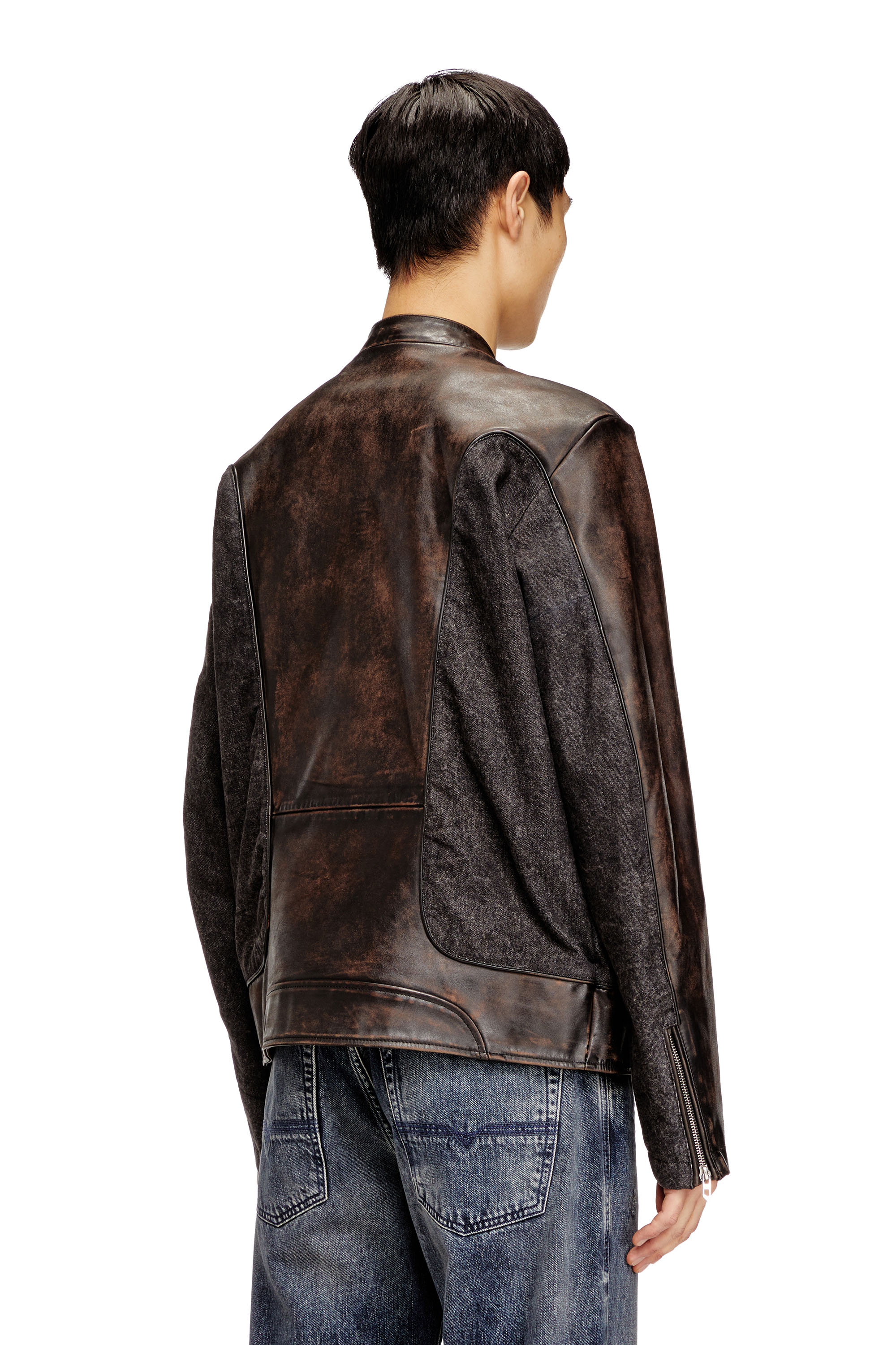 Diesel - L-KRILL-DNM, Veste de motard à passepoils en cuir et denim Homme in ToBeDefined - 4