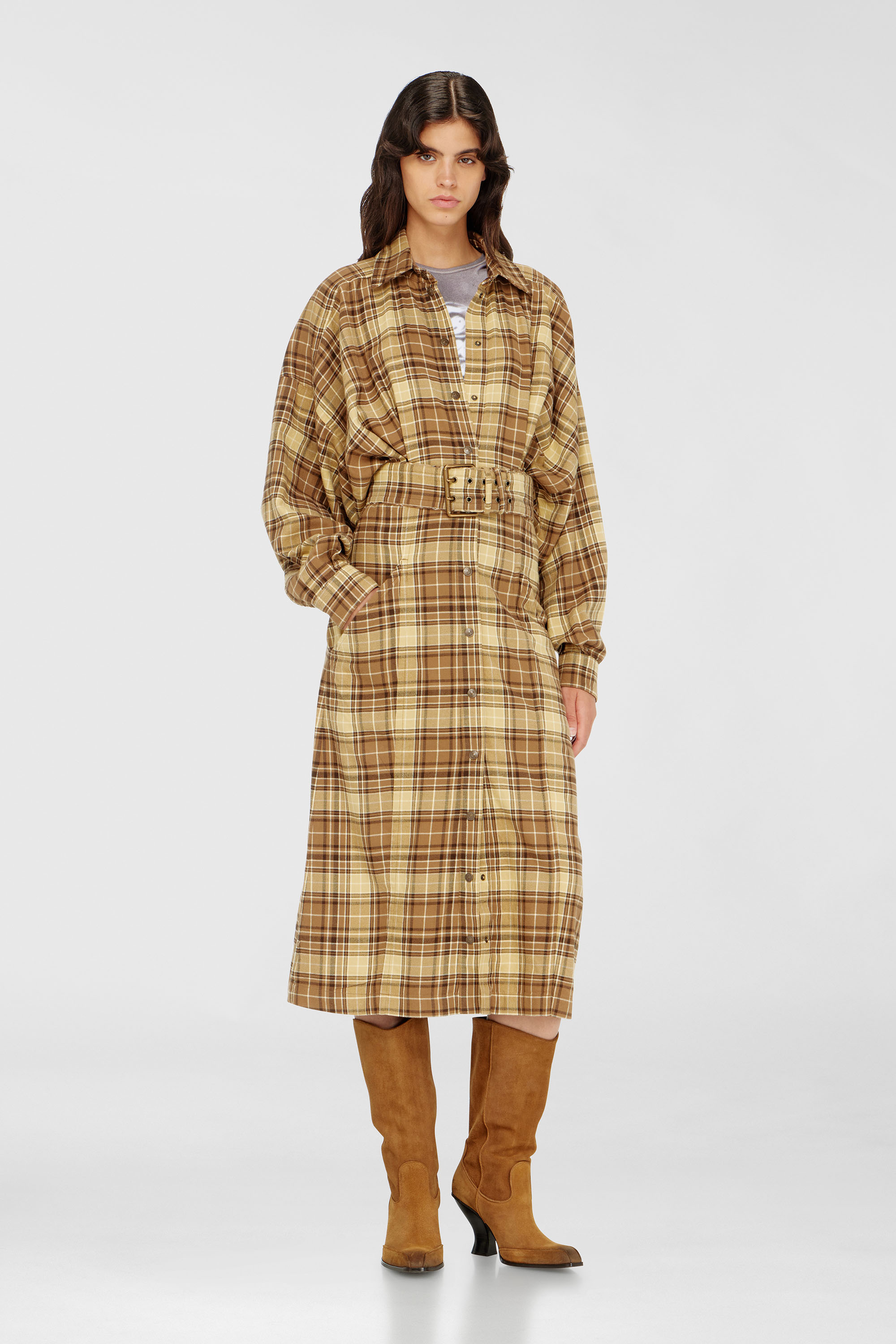 Diesel - D-EDALUS, Damen Midikleid aus kariertem Flanell mit breitem G&uuml;rtel in Braun/Gelb - 1