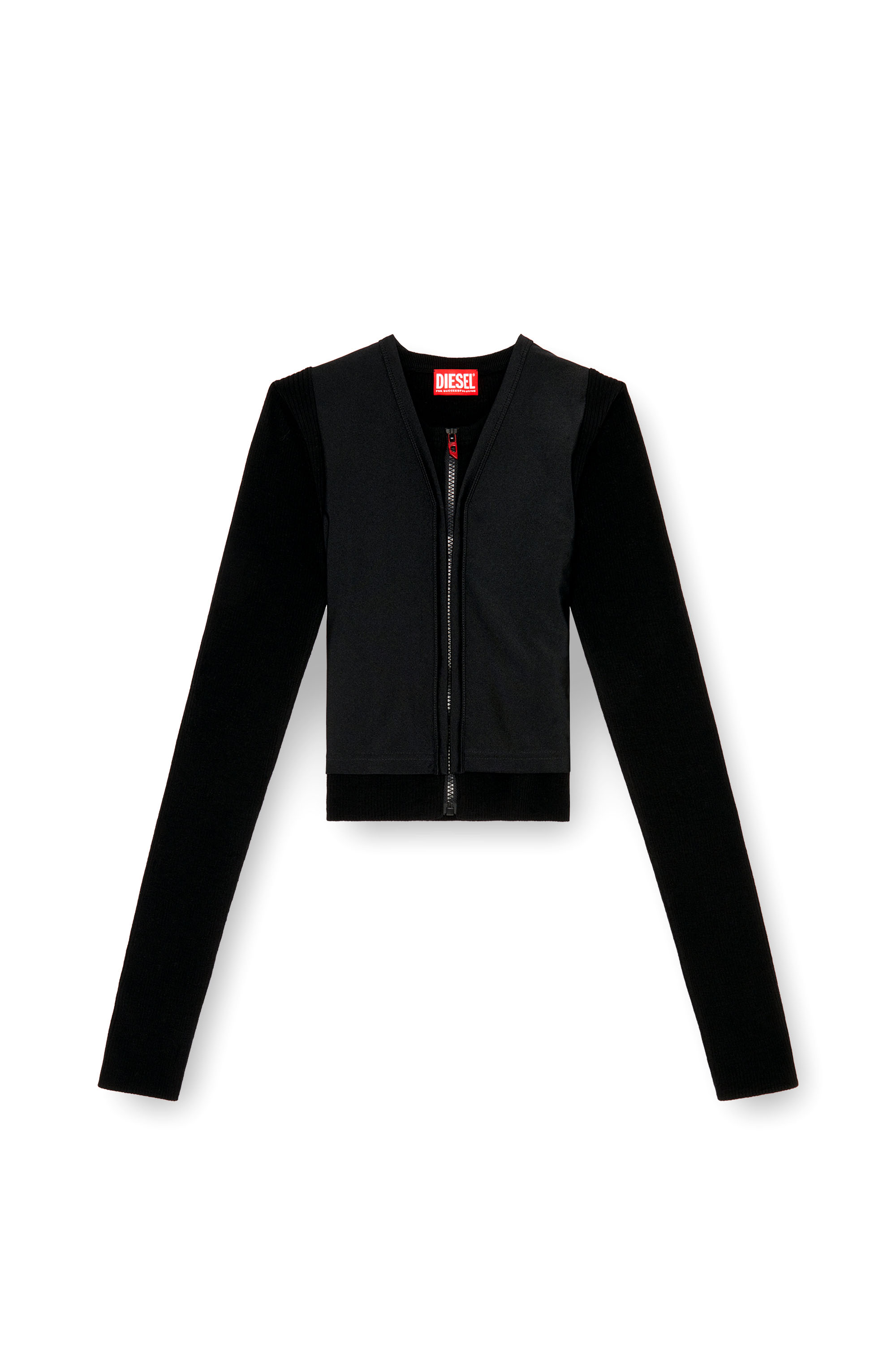 Diesel - M-ROS, Damen Verkürzter Cardigan aus Wolle mit Stretch-Overlay in Schwarz - 3