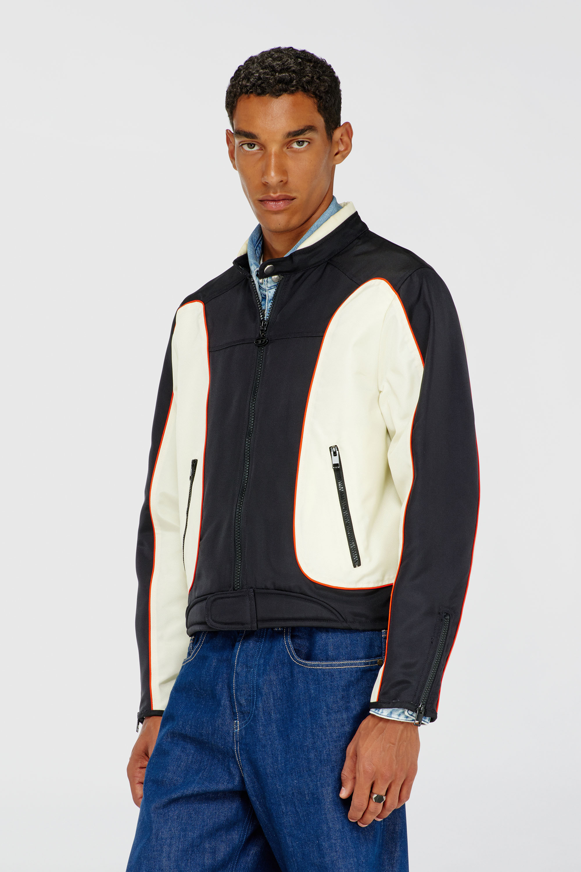 Diesel - J-BLINK-A, Man's Colour-block biker jacket with piping in White/Black - 1