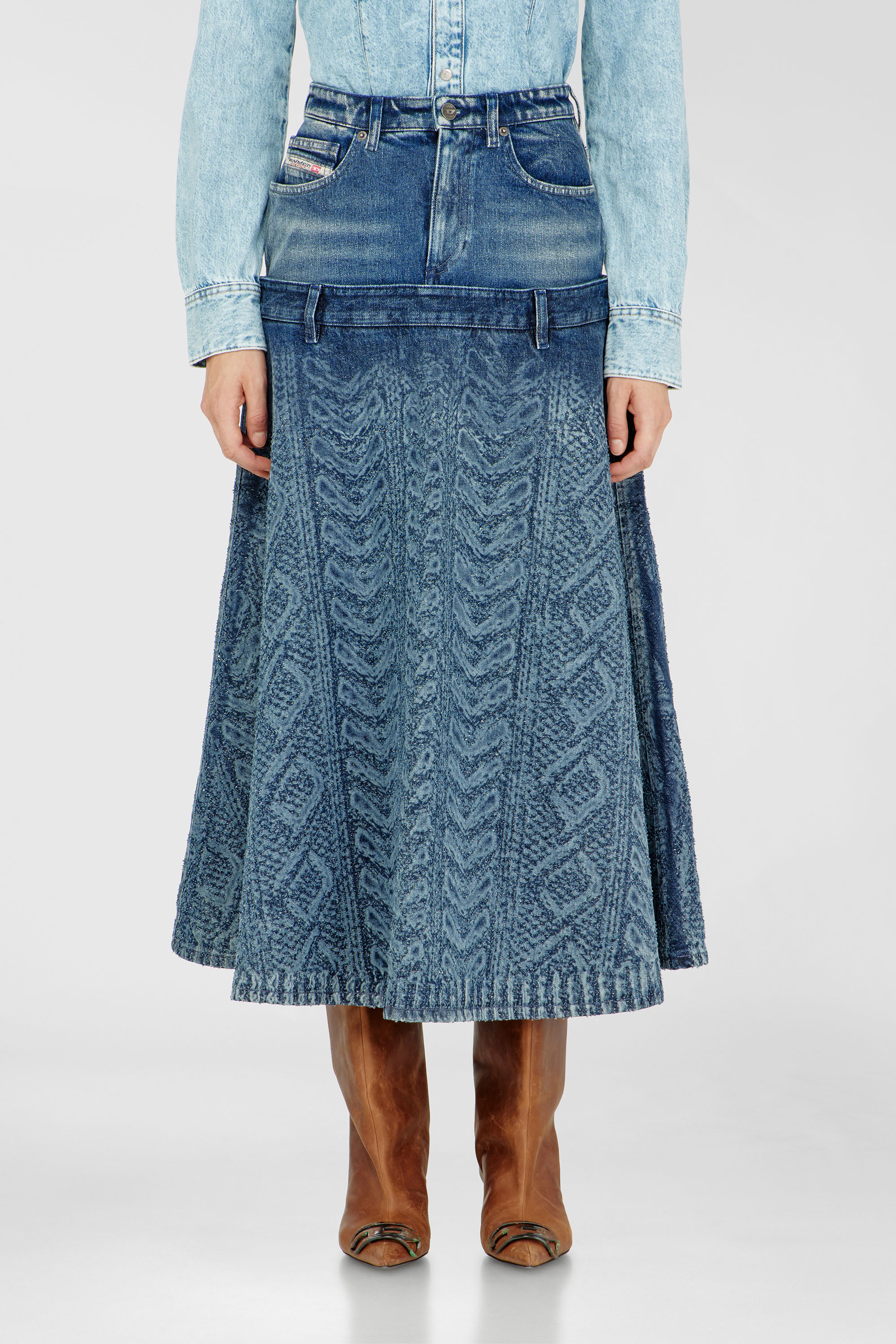 Diesel - DE-VORYA-S1, Gonna midi in denim effetto maglia a trecce Donna in Blu - 1