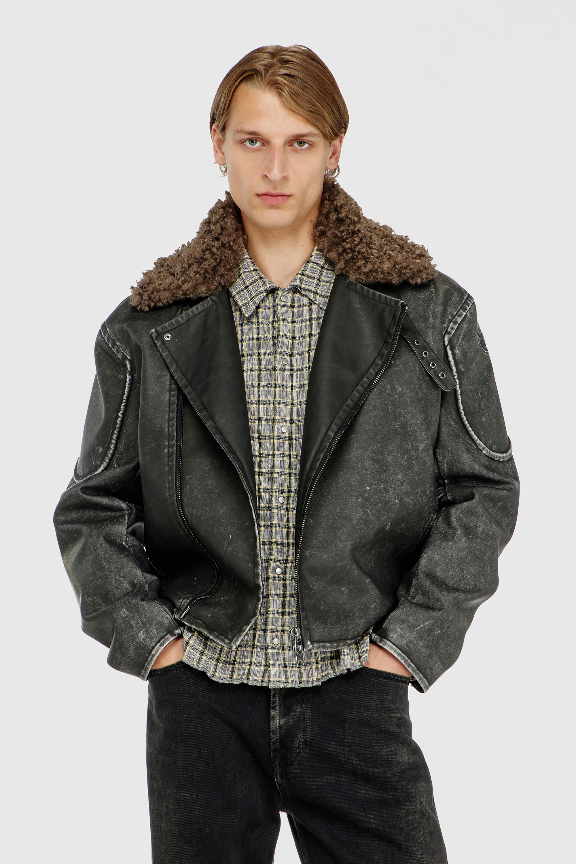 Diesel - W-ALEX, Man's Biker jacket with detachable collar in Dark grey - 1