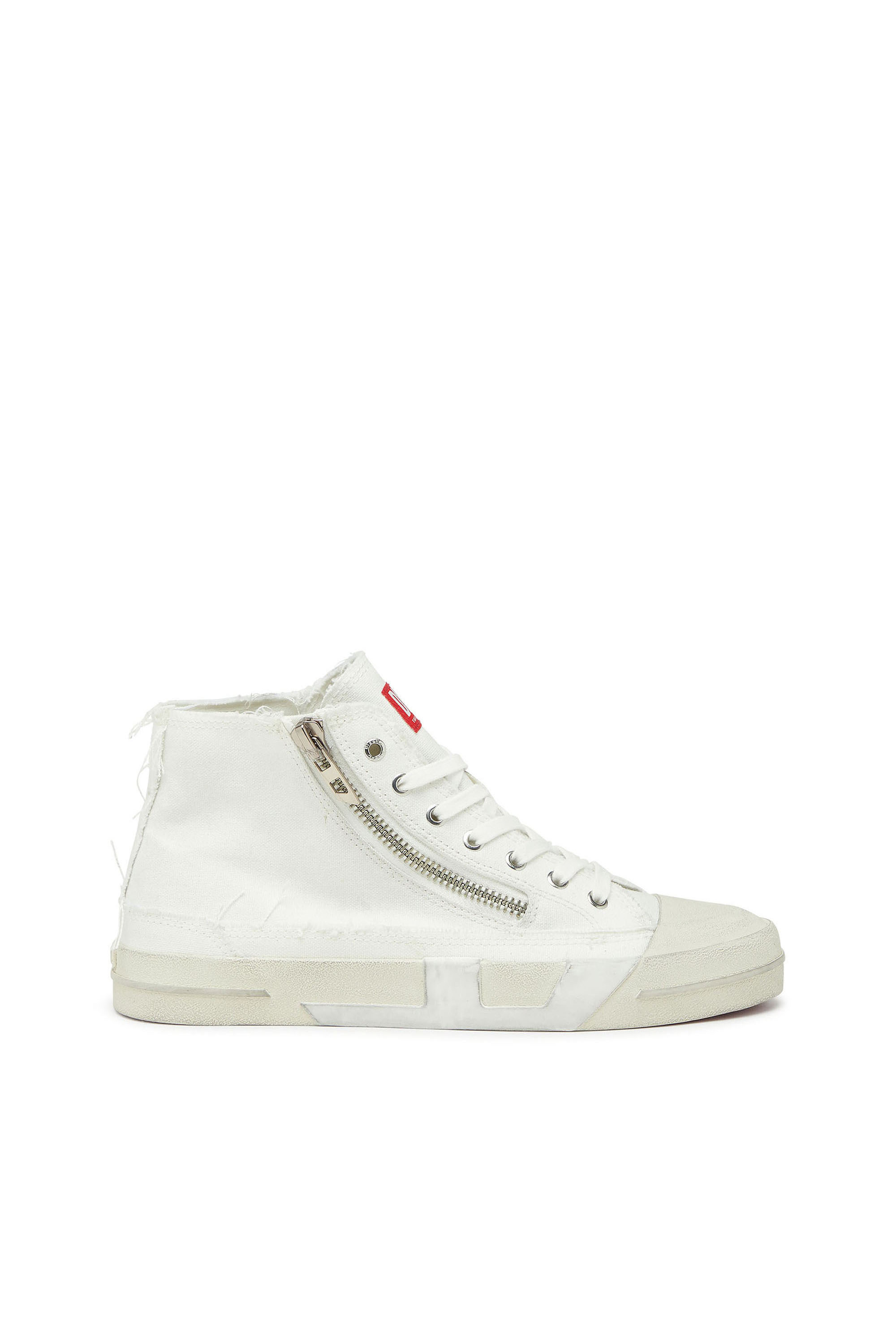 Diesel - S-D-VERSE ZIP MID II, S-D-Verse - Baskets en toile effiloch&eacute;e avec logo D Homme in Blanc - 1