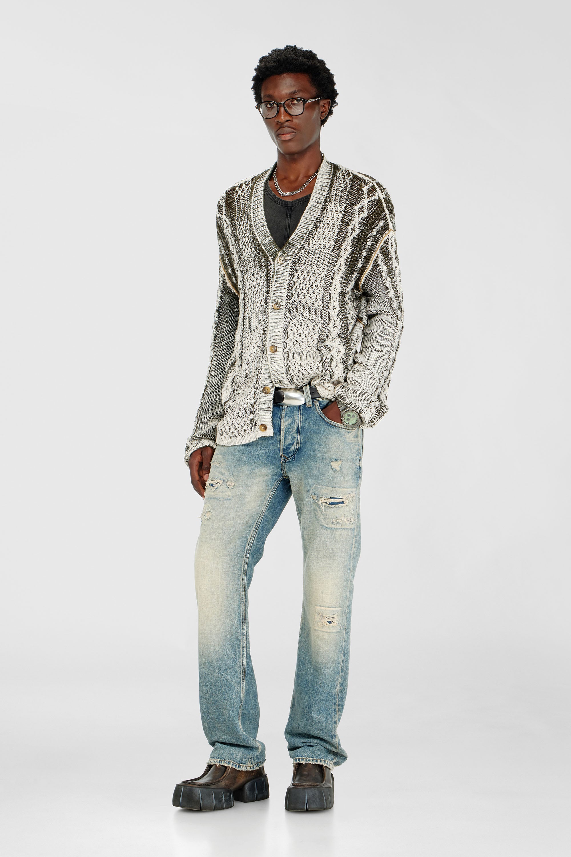 Diesel - K-MIOTO, Cardigan lavorato a maglia con trattamento Uomo in Multicolor - 2