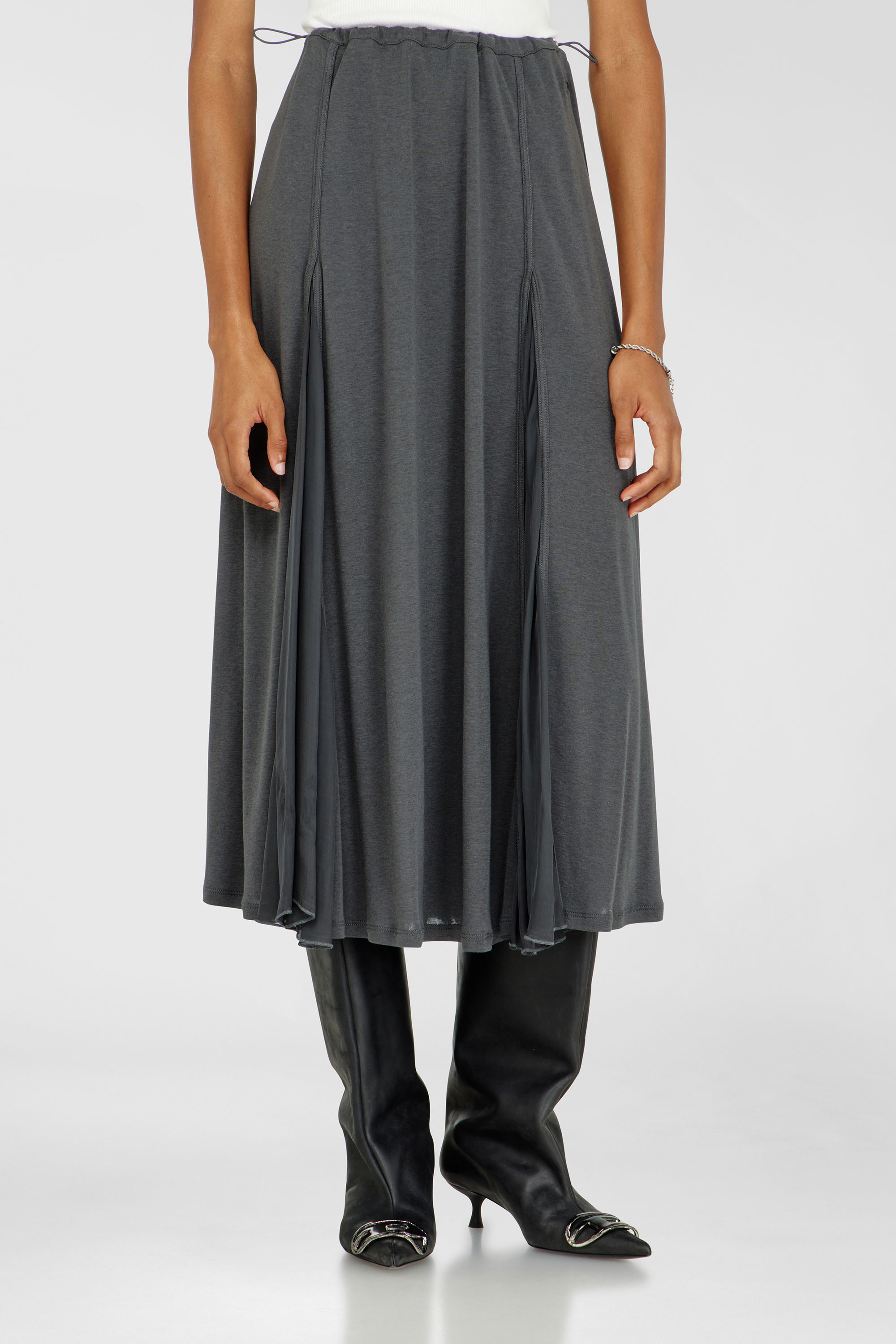 Diesel - O-LONGREI, Gonna midi in jersey a costine e chiffon Donna in Grigio - 1
