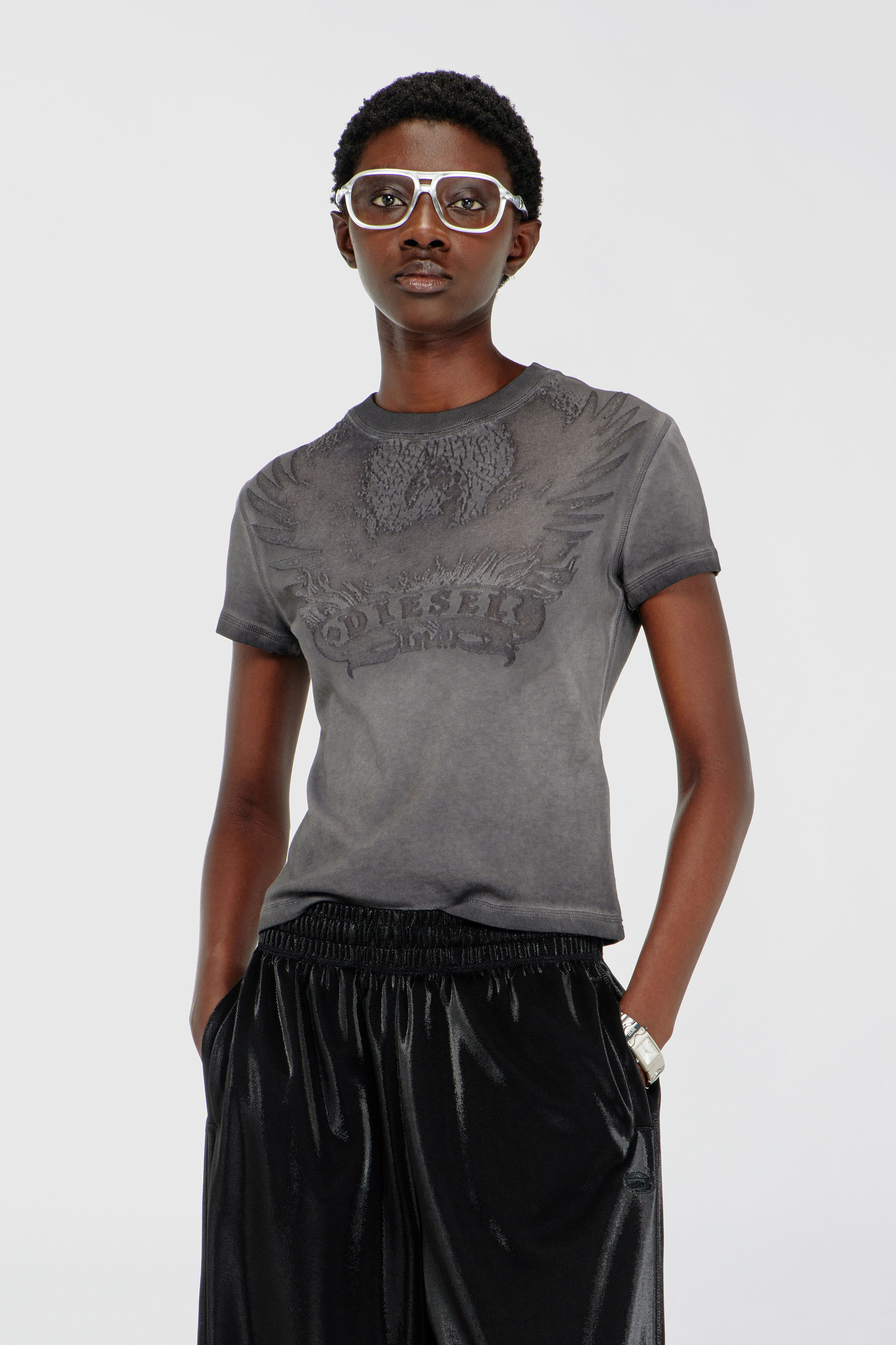 Diesel - T-ILA-AA7, T-shirt slim con d&eacute;vor&eacute; Phoenix Donna in Grigio - 1