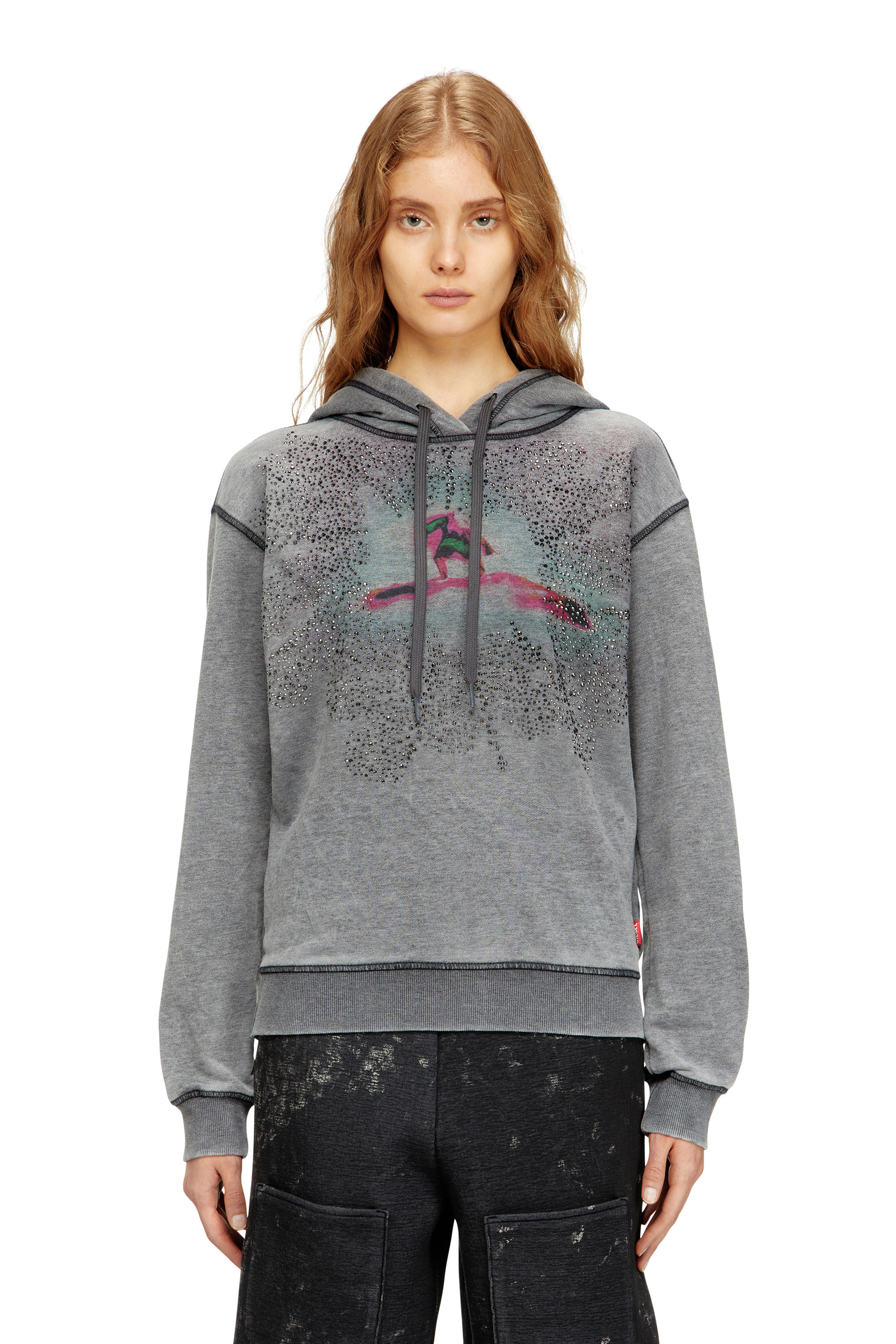 Diesel - F-NORMY-HOOD-S1, Sweat à capuche avec motif graphique numérique et détails en strass Femme in Gris - 3