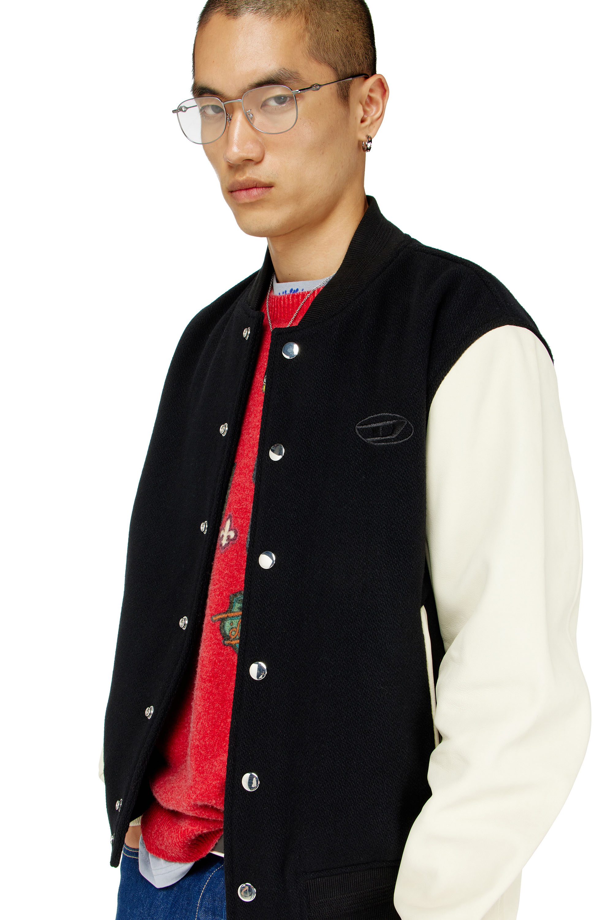 Diesel - L-ARRY-WRD, Herren Bomberjacke aus Wollmischung und Leder in Schwarz/Weiss - 5