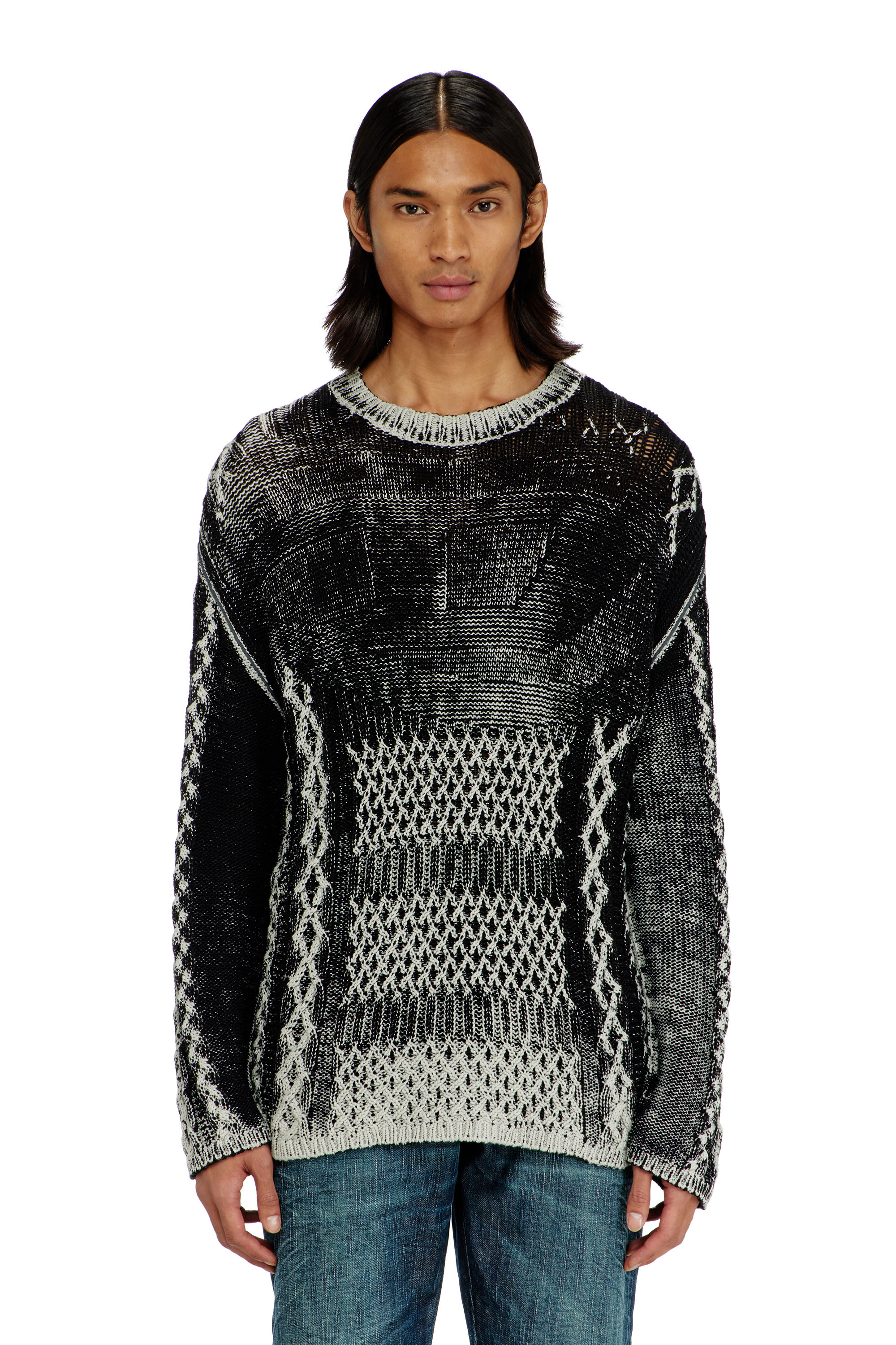 Diesel - K-MIONE, Herren Treated cable-knit Pullover in Grau/Schwarz - 3
