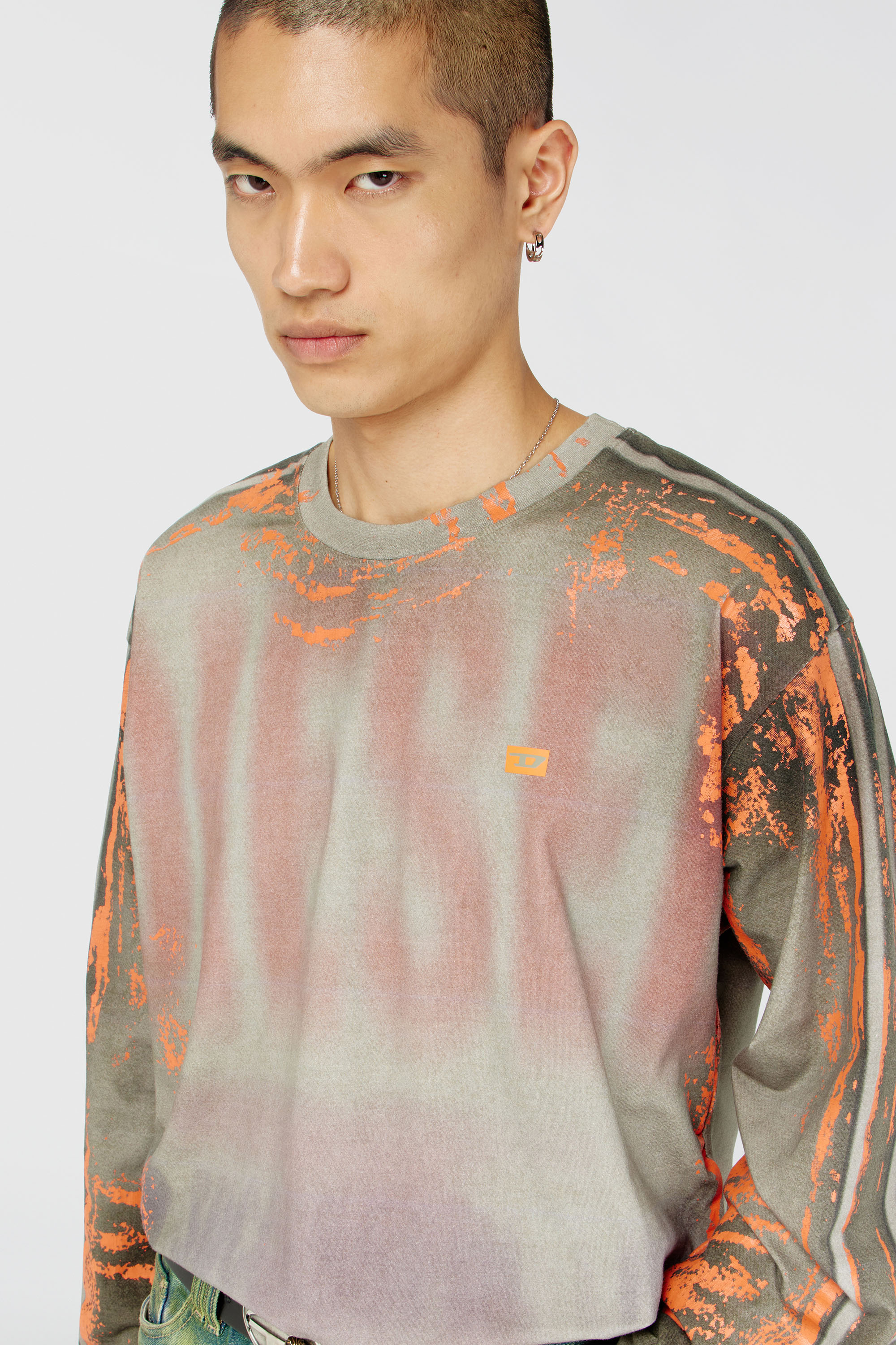 Diesel - T-FILMY, Herren Langarmshirt aus Cracked Jersey in Grau/Orange - 5