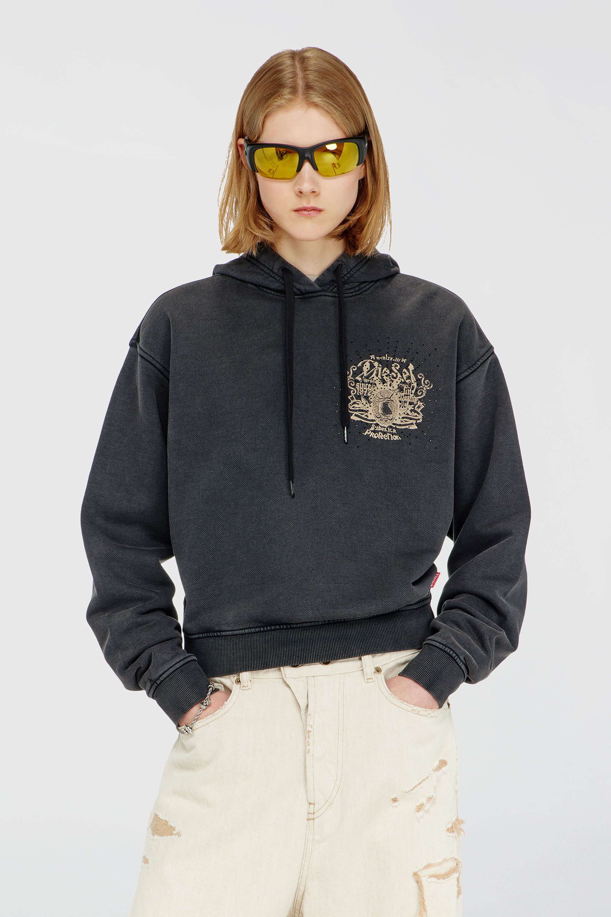 Diesel - F-PHOENY, Sweat &agrave; capuche avec imprim&eacute;s et clous strass Femme in Noir - 1
