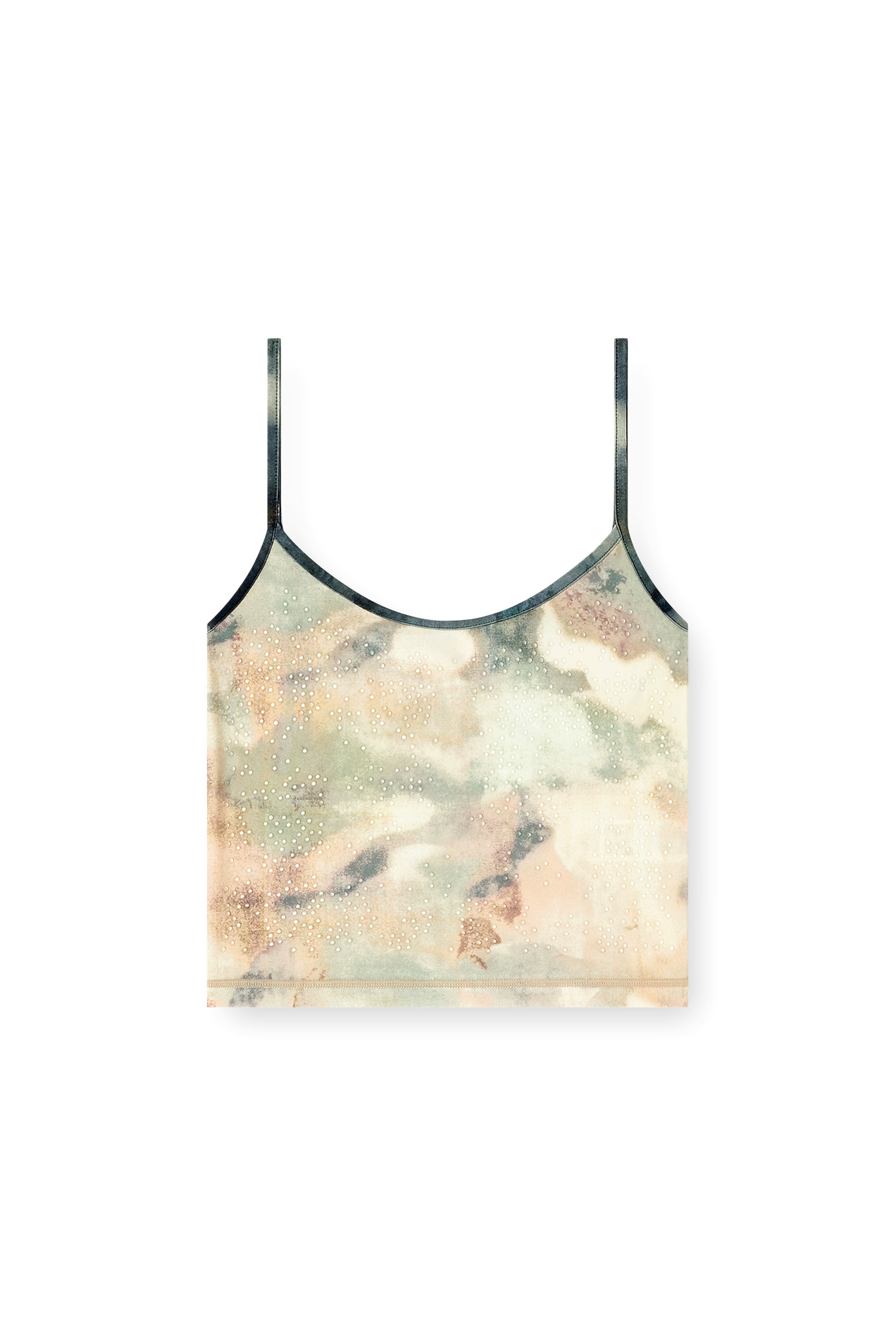 Diesel - T-IPLU, Top aderente in nylon con stampa camouflage all-over e dettagli in cristallo Donna in Verde - 2