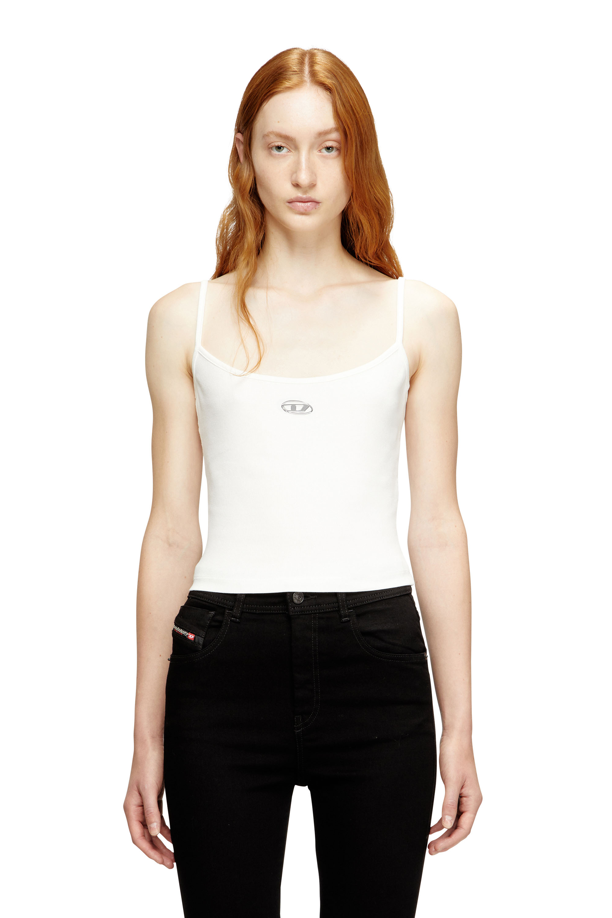Diesel - T-HUPY-OD, Damen Rippen-Top mit metallicfarbenem Oval D in Weiß - 1