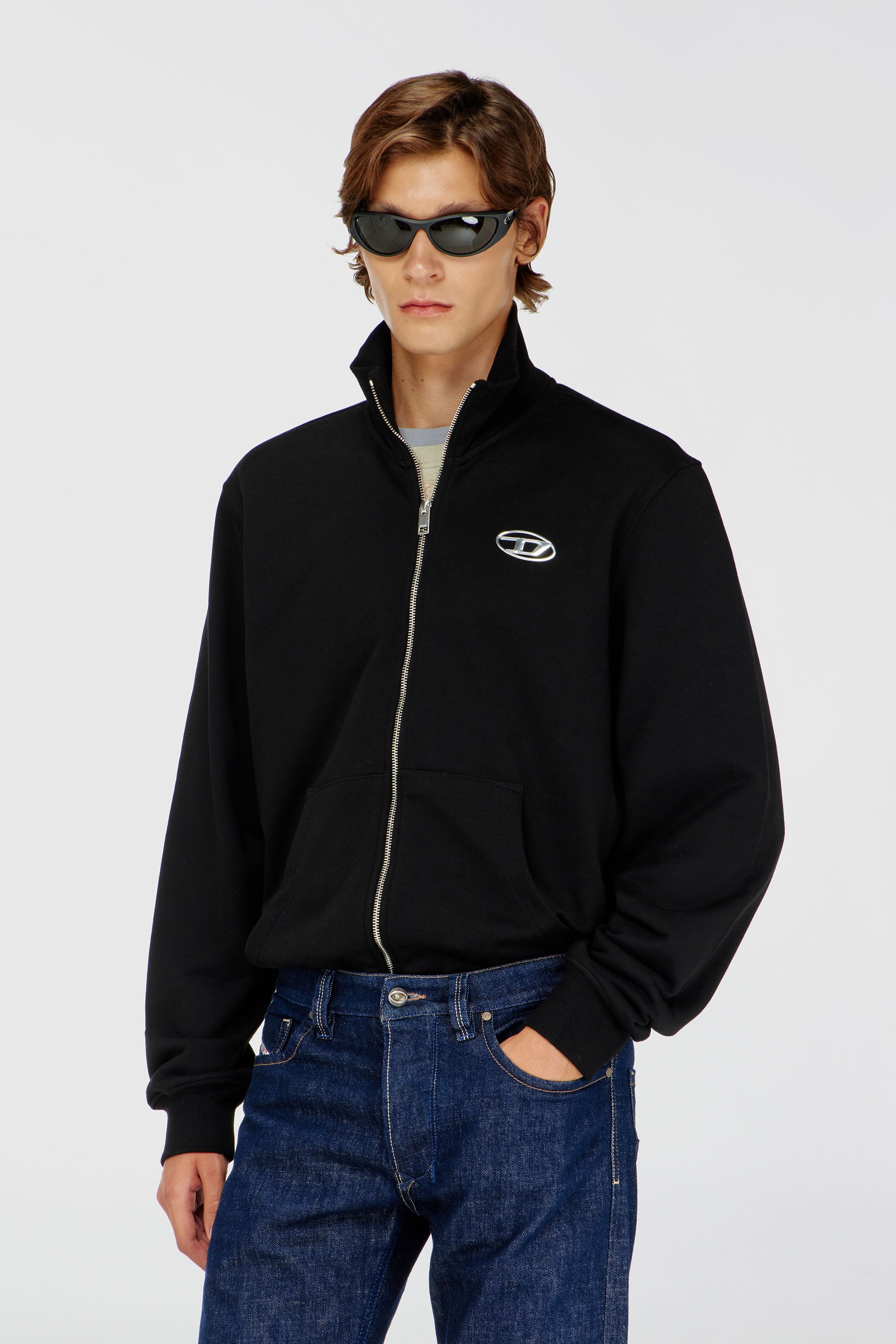 Diesel - S-GINNI-ZIP-OD, Sweat-shirt zipp&eacute; avec logo m&eacute;tallis&eacute; Homme in Noir - 1