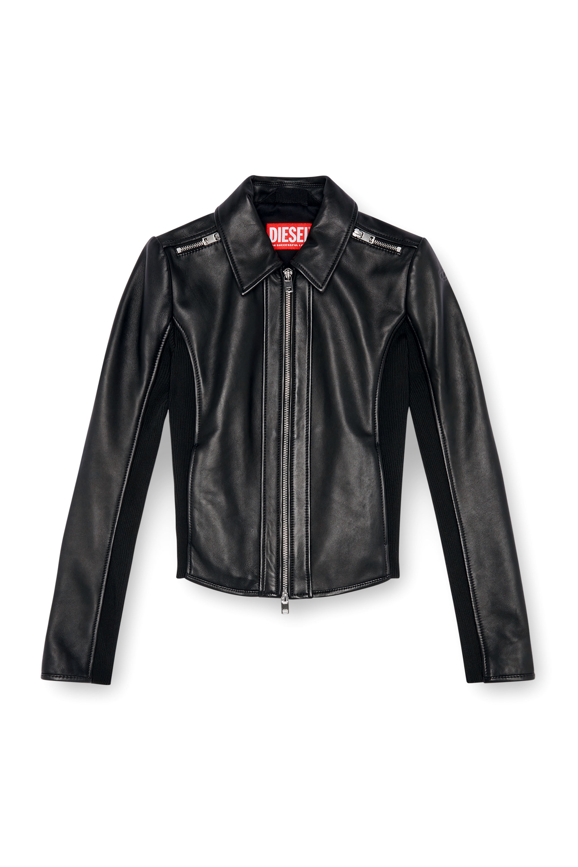 Diesel - L-SASK, Woman Leather biker jacket with rib panels in Black - Image 5