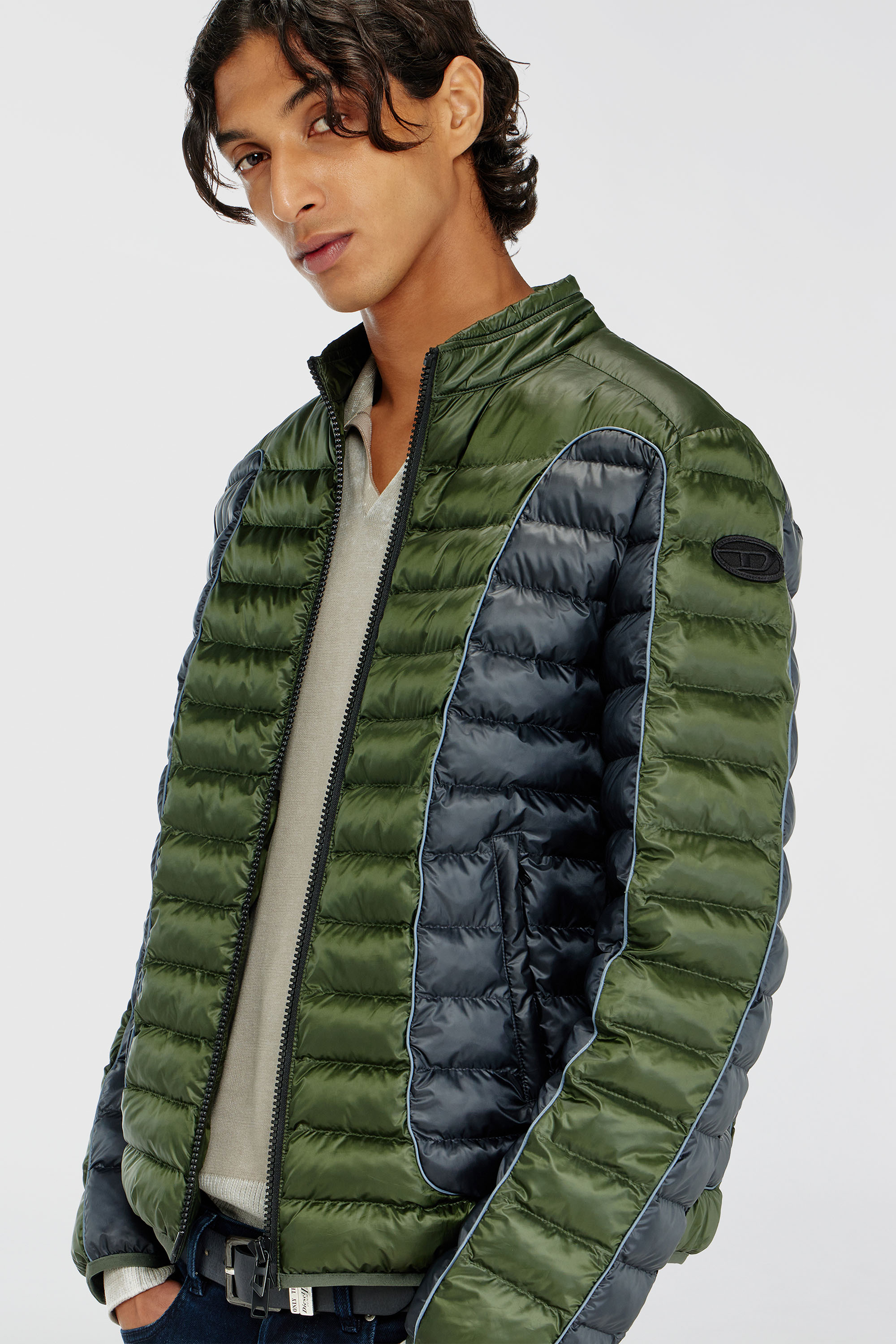 Diesel - W-PILOT-BLOCK, Herren Biker-Pufferjacke mit Colour-Block-Design in Grau/Gr&uuml;n - 5