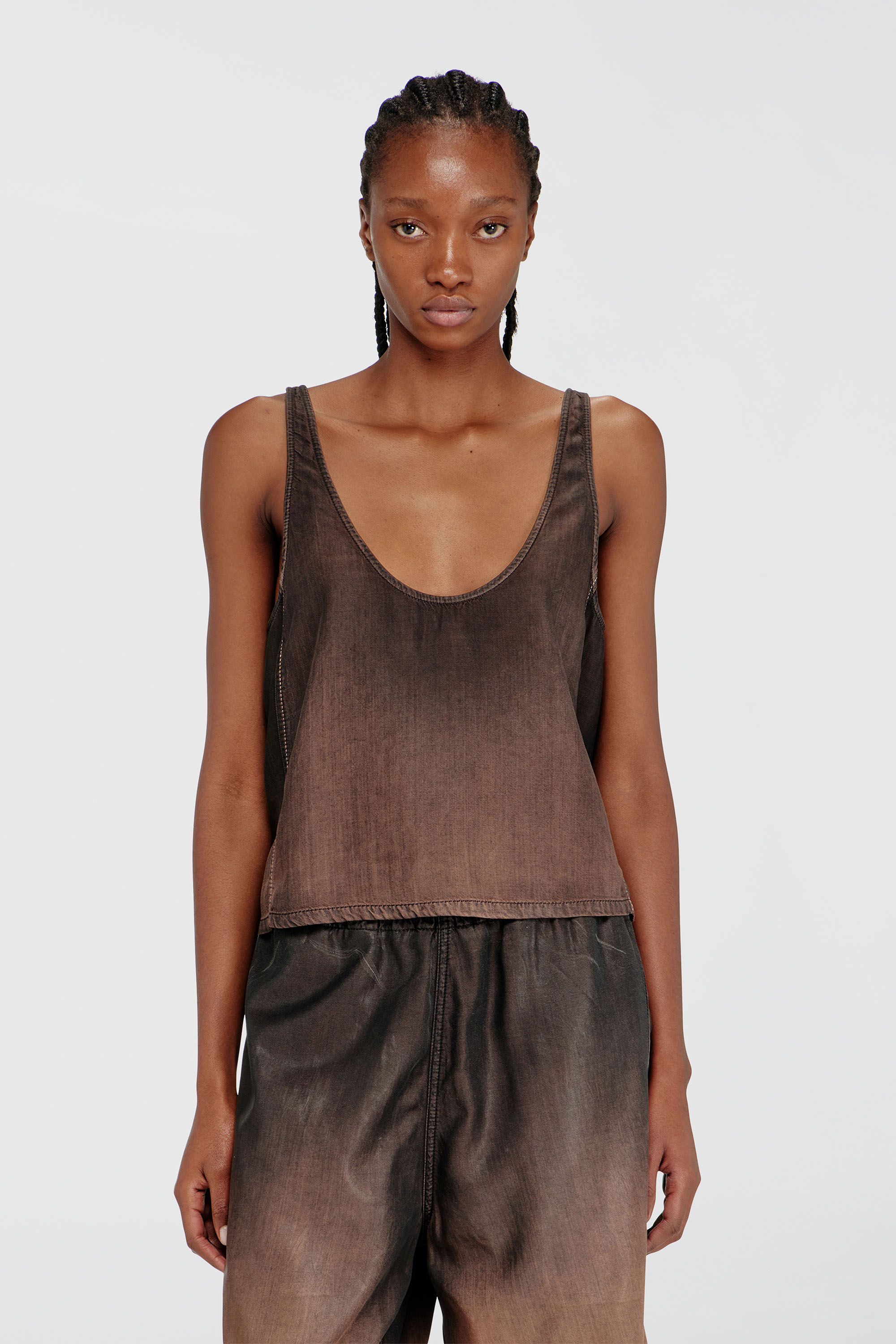 Diesel - DE-NORIAN-S, Canotta in denim fluido spalmato Donna in Marrone - 1