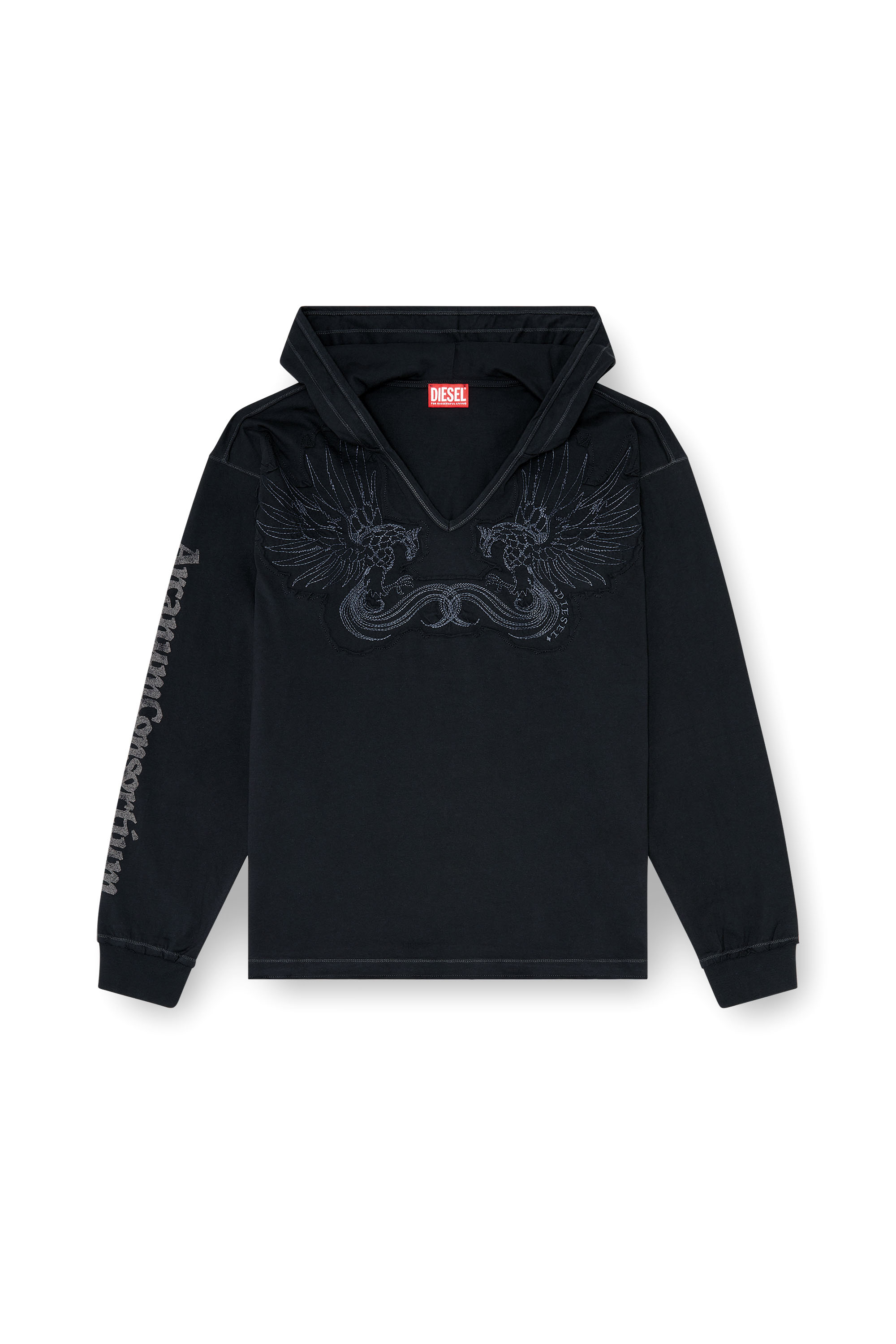 Diesel - T-PHEN-LS-HOOD-RIB, Herren Kapuzenpullover mit V-Ausschnitt und Stickerei vorn in Schwarz - 2