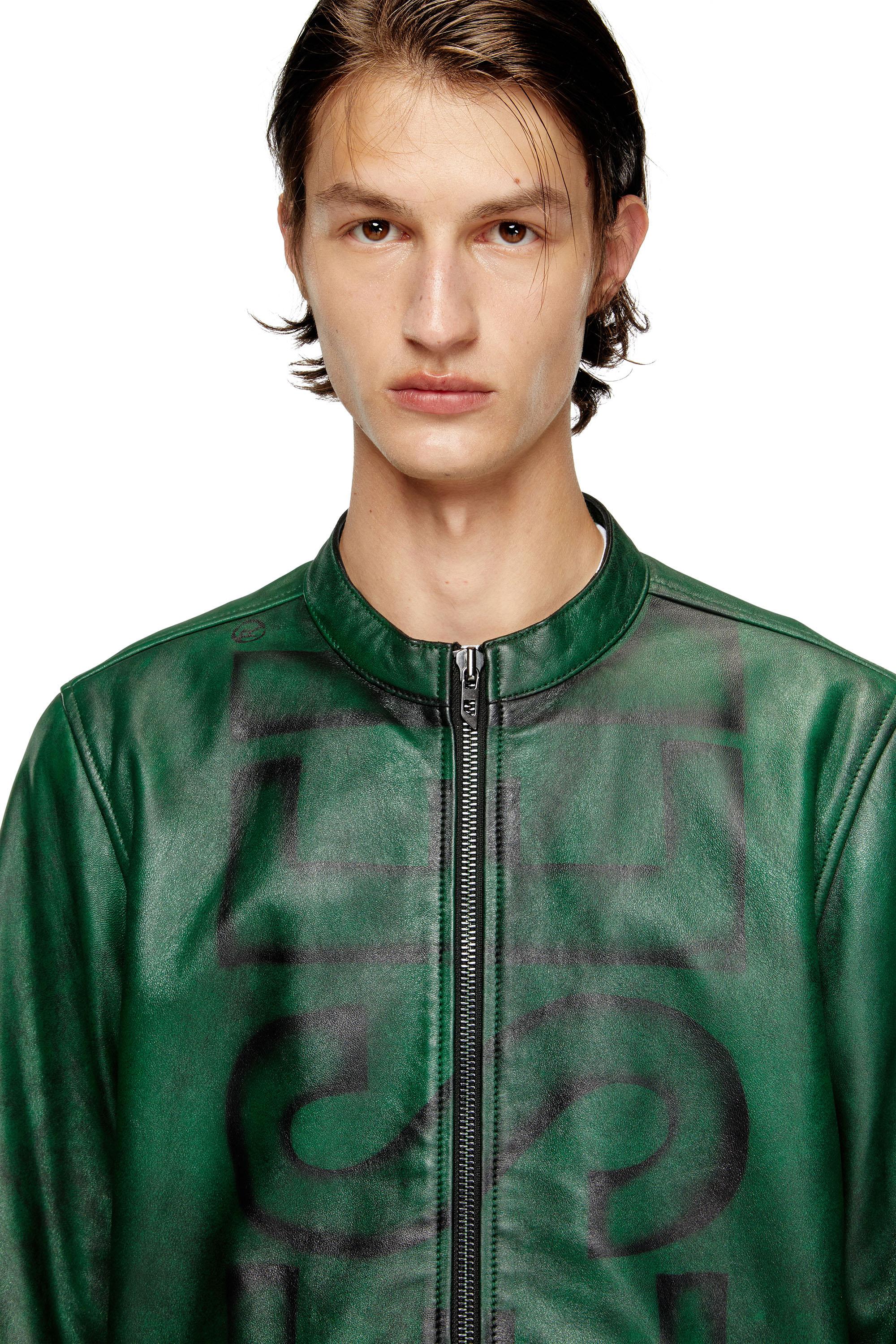 Diesel - L-EVERT-A, Giacca biker in pelle trattata con logo Uomo in Verde - 5