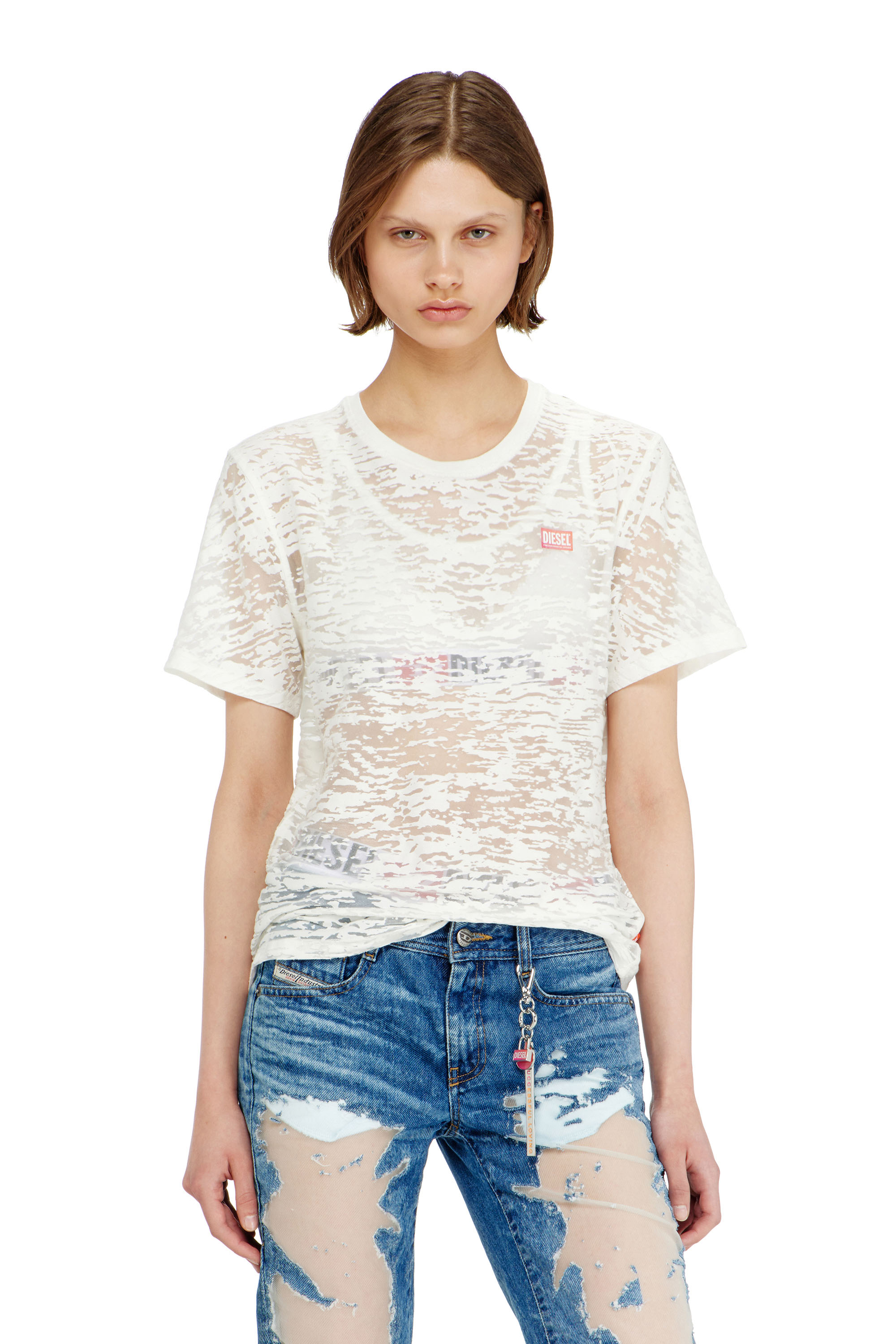 Diesel - PR-T-NOTS-MATI-R, T-shirt in jersey devor&eacute; all-over Unisex in Bianco - 1