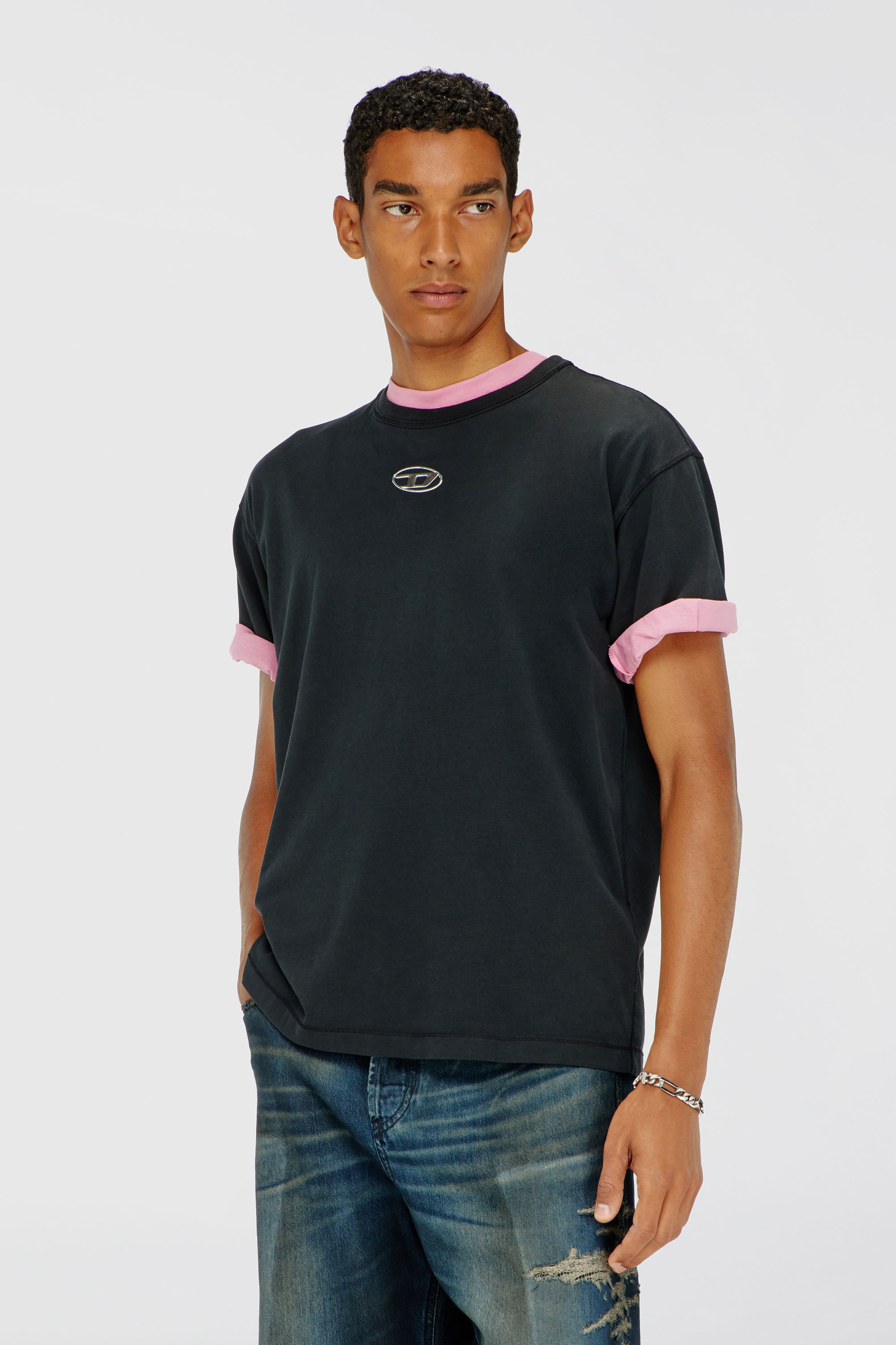 Diesel - T-NORM-IOD, Herren Leichtes Baumwoll-T-Shirt mit metallischem ovalem D-Logo in Schwarz - 3