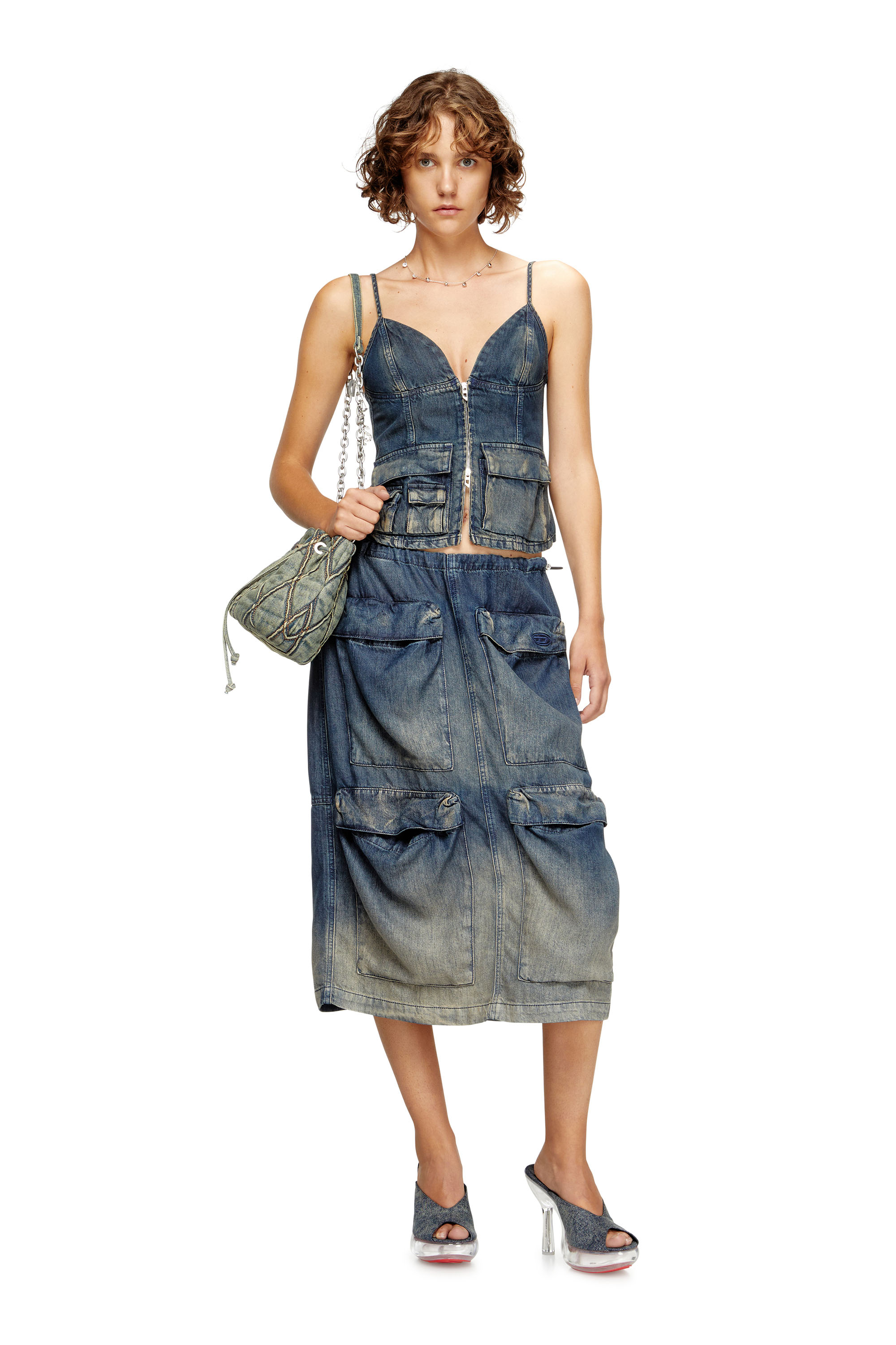 Diesel - DE-MEGI-S, Jupe midi en denim dégradé et fluide Femme in Bleu - 2
