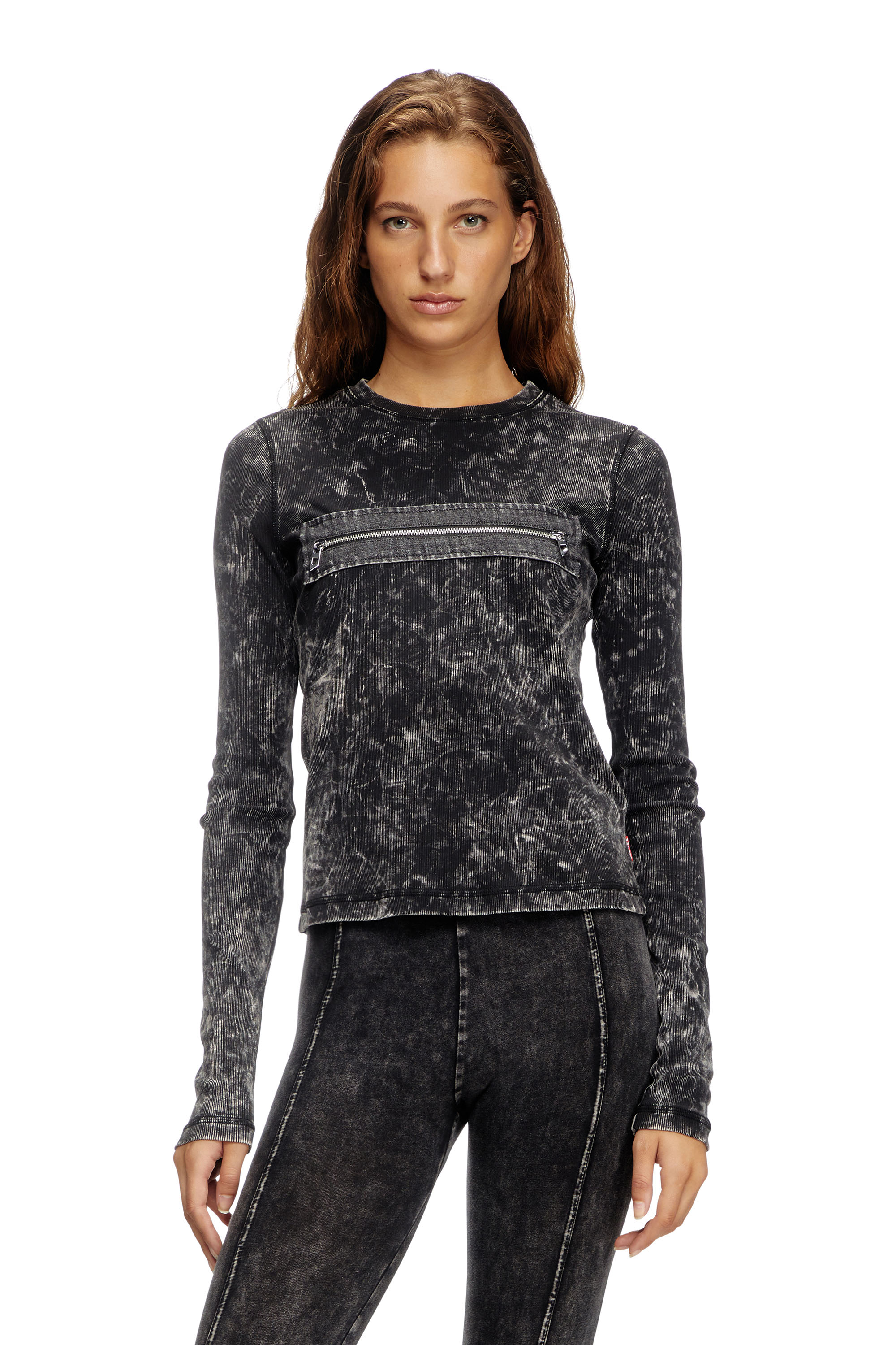 Diesel - T-ERCOLE, Top marmorizzato con zip e cut-out Donna in Nero - 1